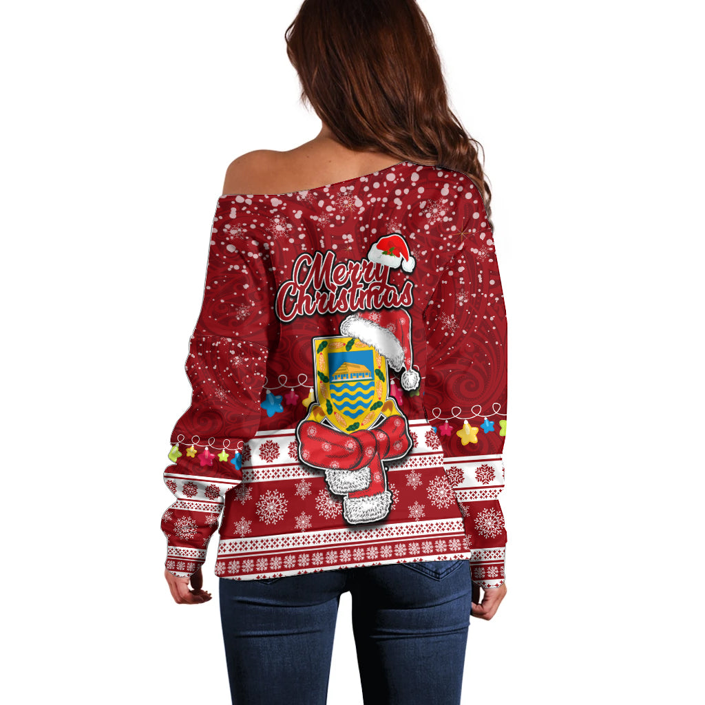 Tuvalu Christmas Off Shoulder Sweater Snowman and Tuvalu Coat of Arms Maori Tribal Xmas Style LT03 - Polynesian Pride