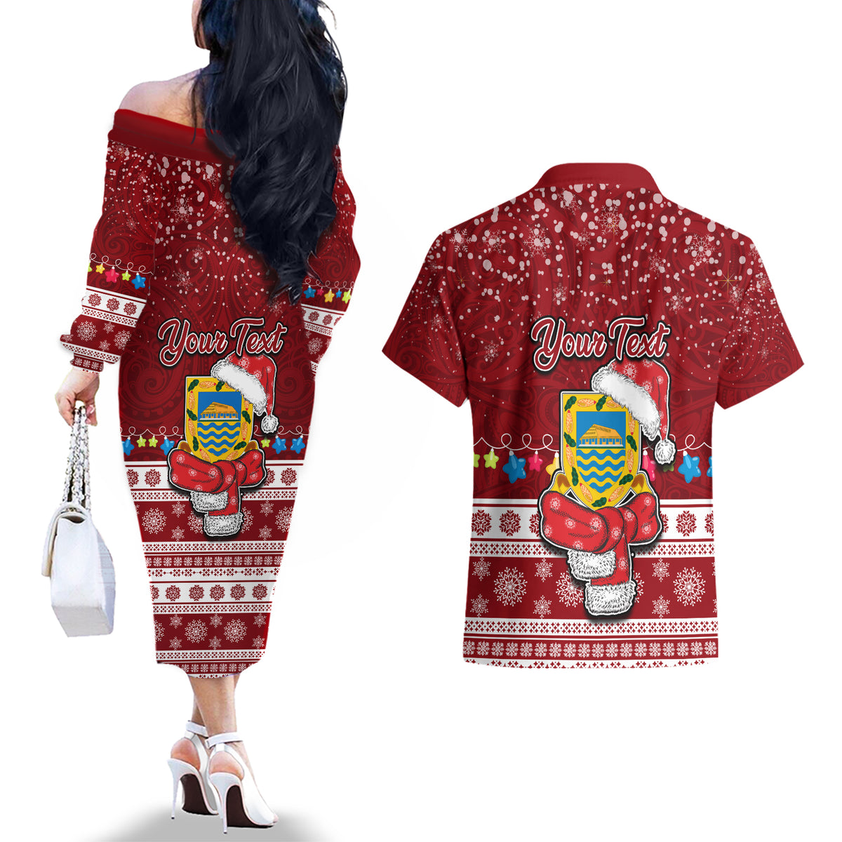 Personalised Tuvalu Christmas Couples Matching Off The Shoulder Long Sleeve Dress and Hawaiian Shirt Snowman and Tuvalu Coat of Arms Maori Tribal Xmas Style LT03 - Polynesian Pride