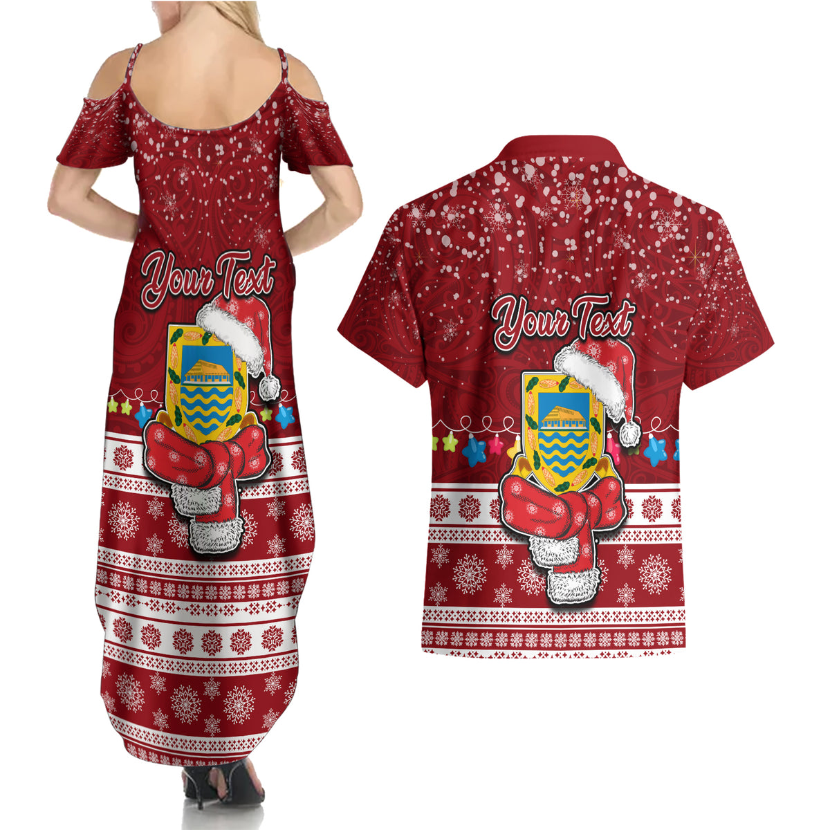 Personalised Tuvalu Christmas Couples Matching Summer Maxi Dress and Hawaiian Shirt Snowman and Tuvalu Coat of Arms Maori Tribal Xmas Style LT03 - Polynesian Pride
