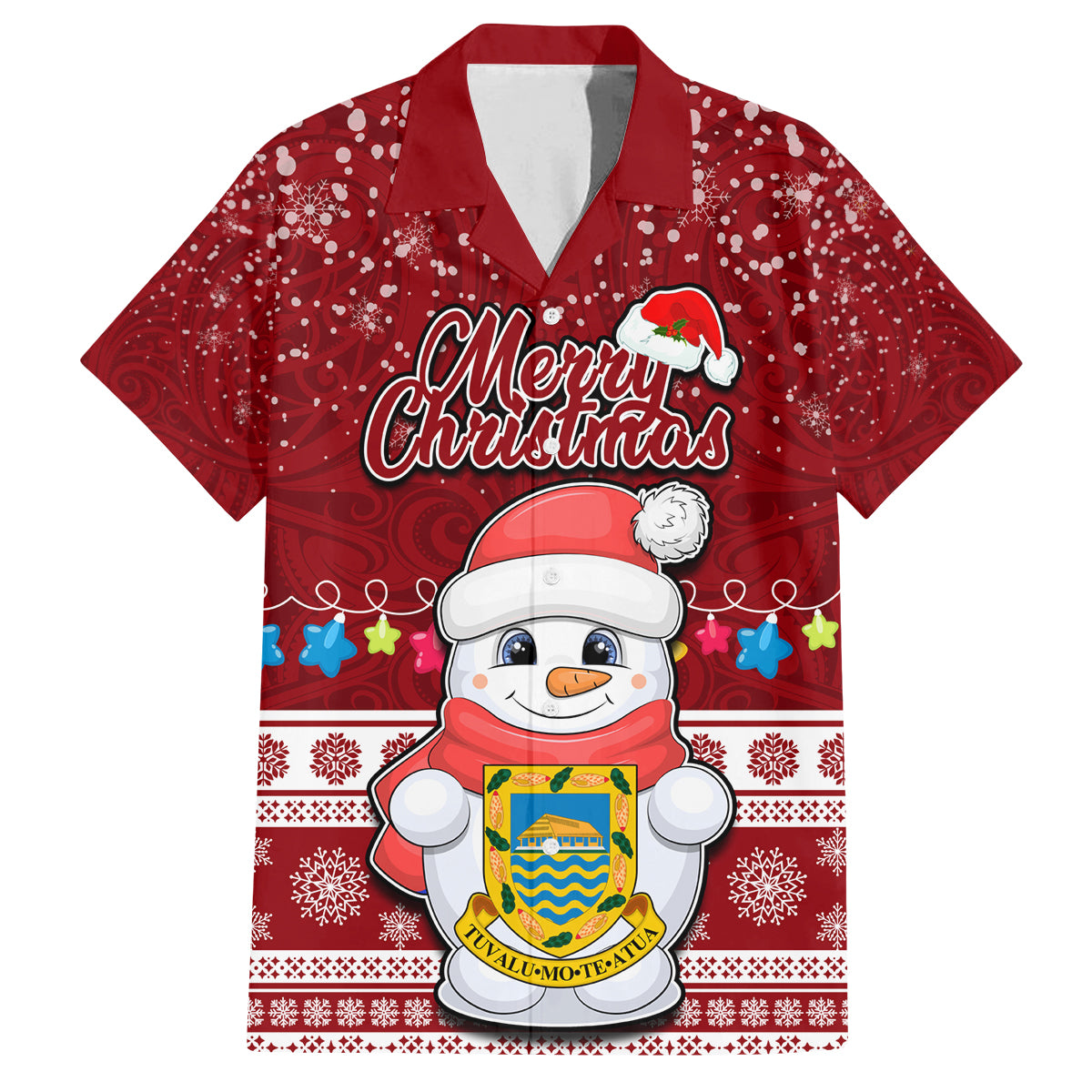 Personalised Tuvalu Christmas Family Matching Off Shoulder Long Sleeve Dress and Hawaiian Shirt Snowman and Tuvalu Coat of Arms Maori Tribal Xmas Style LT03 Dad's Shirt - Short Sleeve Red - Polynesian Pride