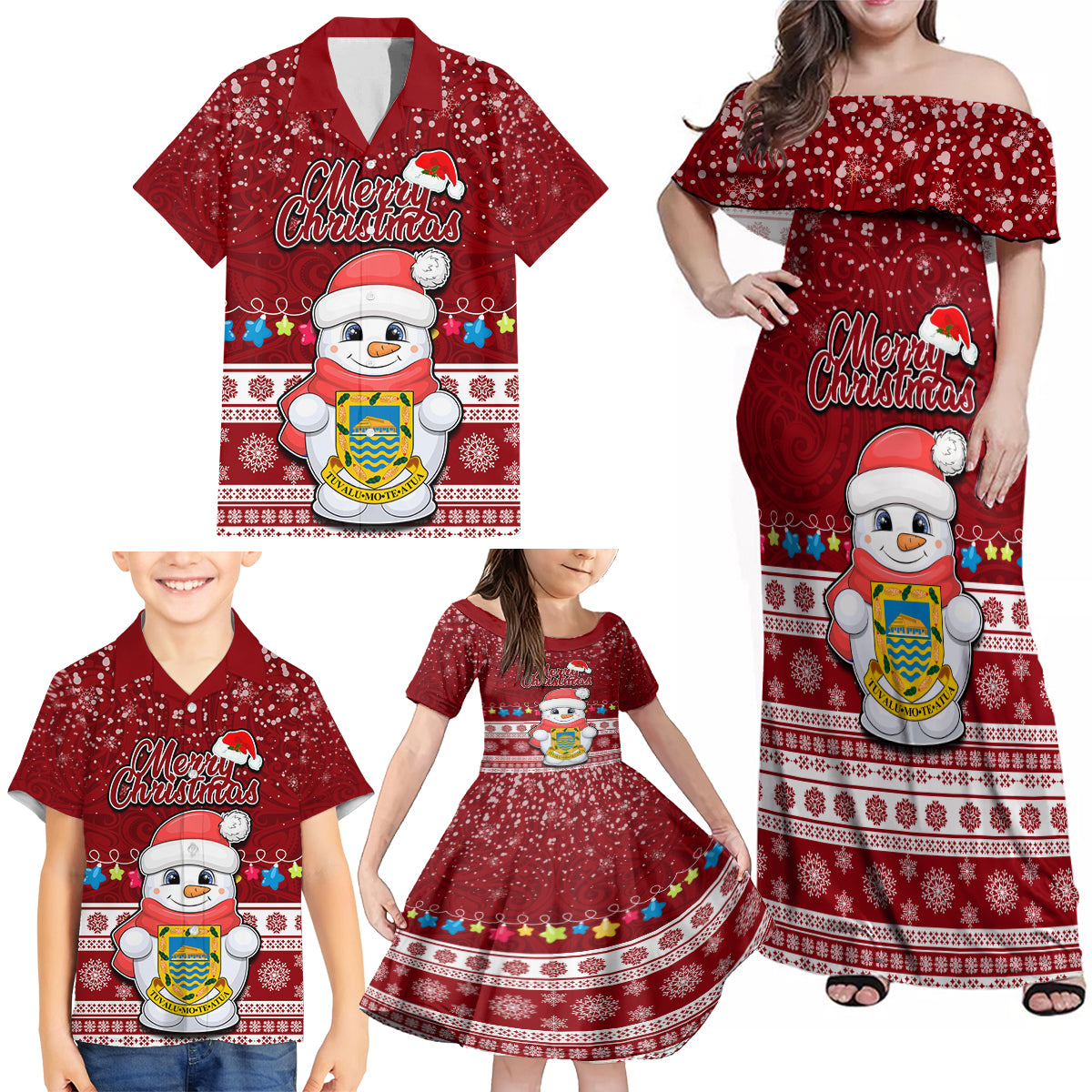 Personalised Tuvalu Christmas Family Matching Off Shoulder Maxi Dress and Hawaiian Shirt Snowman and Tuvalu Coat of Arms Maori Tribal Xmas Style LT03 - Polynesian Pride