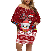Personalised Tuvalu Christmas Family Matching Off Shoulder Short Dress and Hawaiian Shirt Snowman and Tuvalu Coat of Arms Maori Tribal Xmas Style LT03 Mom's Dress Red - Polynesian Pride