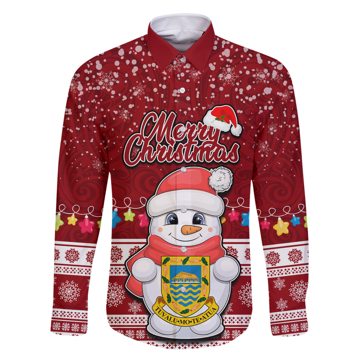 Personalised Tuvalu Christmas Family Matching Puletasi Dress and Hawaiian Shirt Snowman and Tuvalu Coat of Arms Maori Tribal Xmas Style LT03 Dad's Shirt - Long Sleeve Red - Polynesian Pride