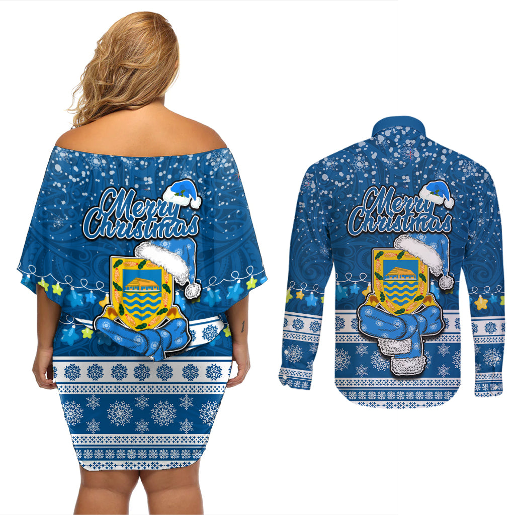 Tuvalu Christmas Couples Matching Off Shoulder Short Dress and Long Sleeve Button Shirt Snowman Hugs Tuvalu Coat of Arms Maori Pattern Blue Style LT03 - Polynesian Pride