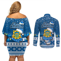 Tuvalu Christmas Couples Matching Off Shoulder Short Dress and Long Sleeve Button Shirt Snowman Hugs Tuvalu Coat of Arms Maori Pattern Blue Style LT03 - Polynesian Pride