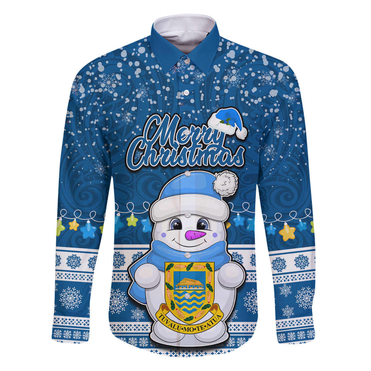 Tuvalu Christmas Family Matching Off Shoulder Short Dress and Hawaiian Shirt Snowman Hugs Tuvalu Coat of Arms Maori Pattern Blue Style LT03 Dad's Shirt - Long Sleeve Blue - Polynesian Pride