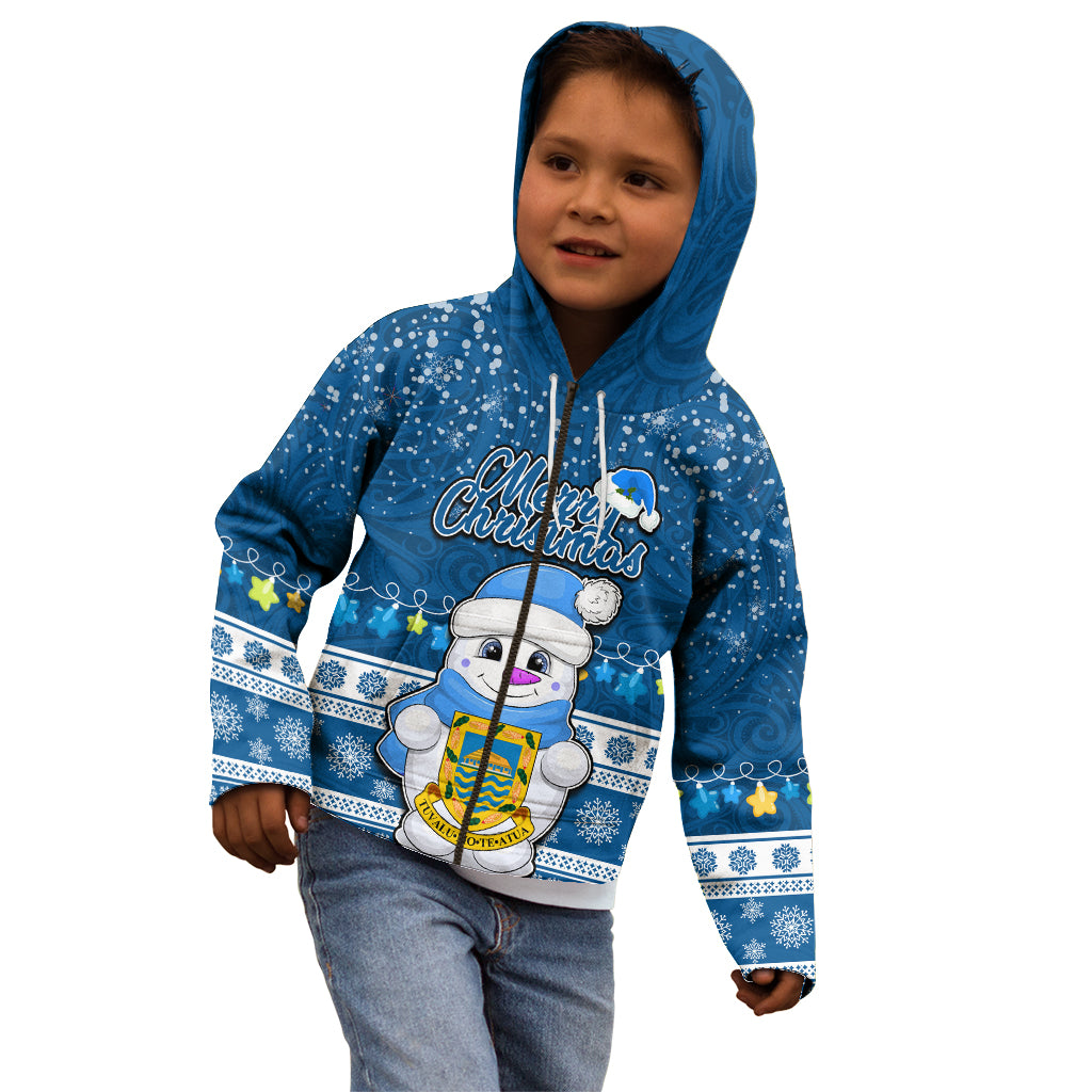 Tuvalu Christmas Kid Hoodie Snowman Hugs Tuvalu Coat of Arms Maori Pattern Blue Style LT03 - Polynesian Pride