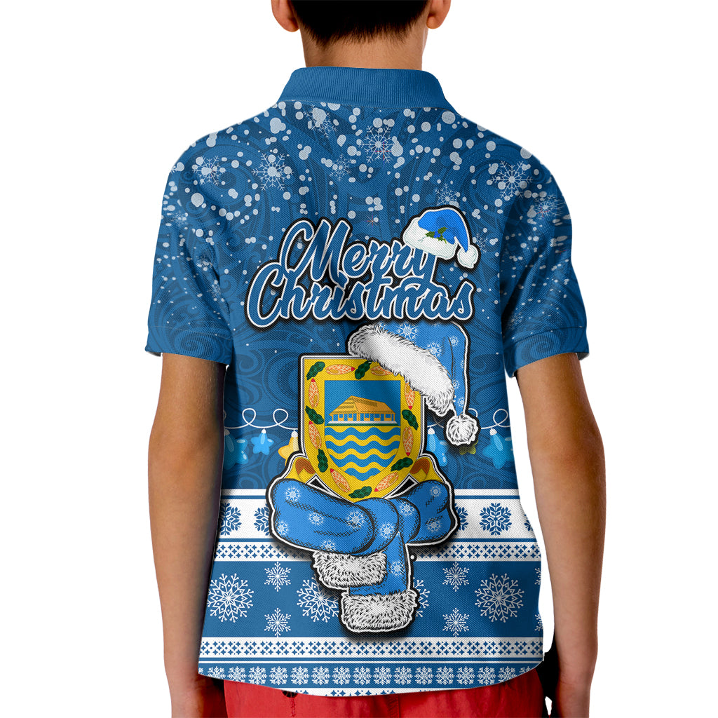 Tuvalu Christmas Kid Polo Shirt Snowman Hugs Tuvalu Coat of Arms Maori Pattern Blue Style LT03 - Polynesian Pride