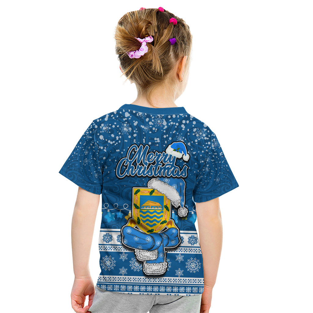 Tuvalu Christmas Kid T Shirt Snowman Hugs Tuvalu Coat of Arms Maori Pattern Blue Style LT03 - Polynesian Pride