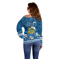 Tuvalu Christmas Off Shoulder Sweater Snowman Hugs Tuvalu Coat of Arms Maori Pattern Blue Style LT03 - Polynesian Pride