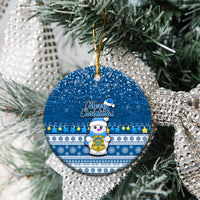 Personalised Tuvalu Christmas Ceramic Ornament Snowman Hugs Tuvalu Coat of Arms Maori Pattern Blue Style LT03 - Polynesian Pride