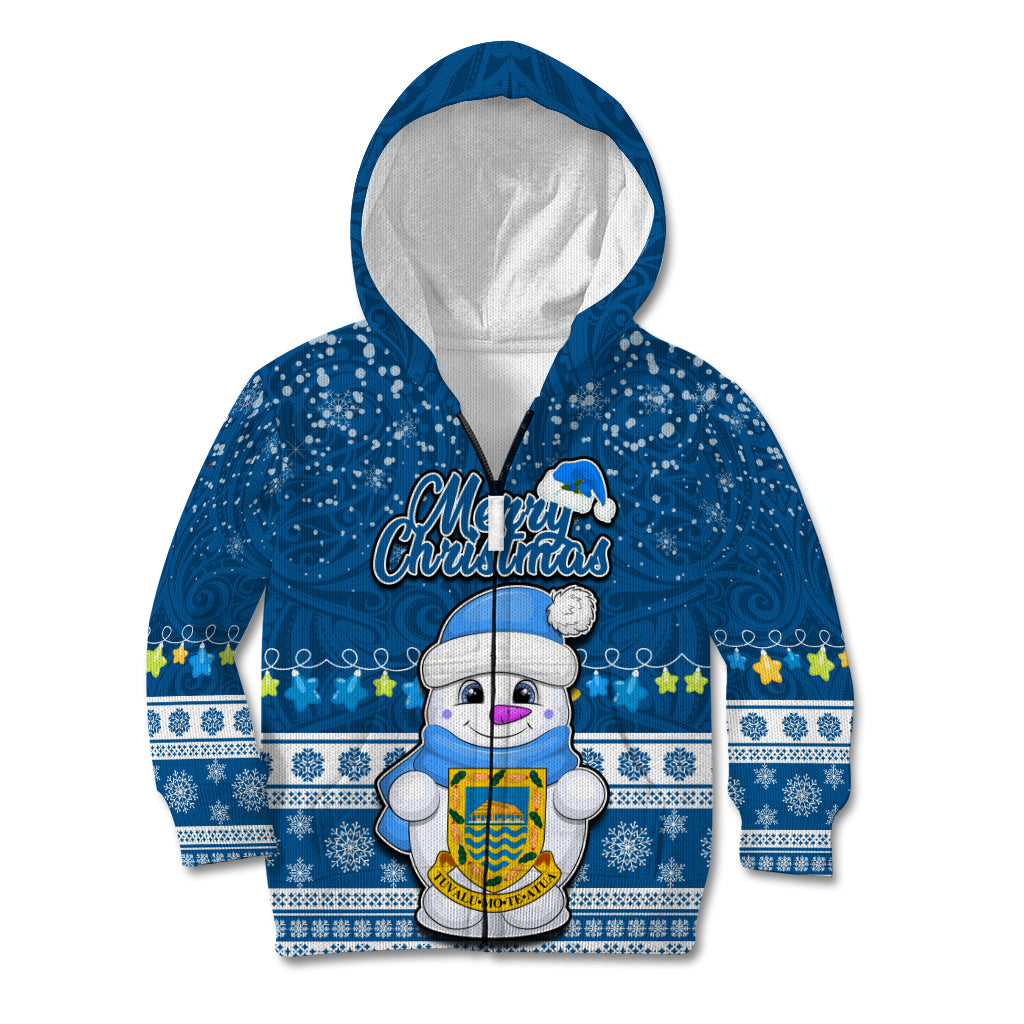 Personalised Tuvalu Christmas Kid Hoodie Snowman Hugs Tuvalu Coat of Arms Maori Pattern Blue Style LT03 Zip Hoodie Blue - Polynesian Pride