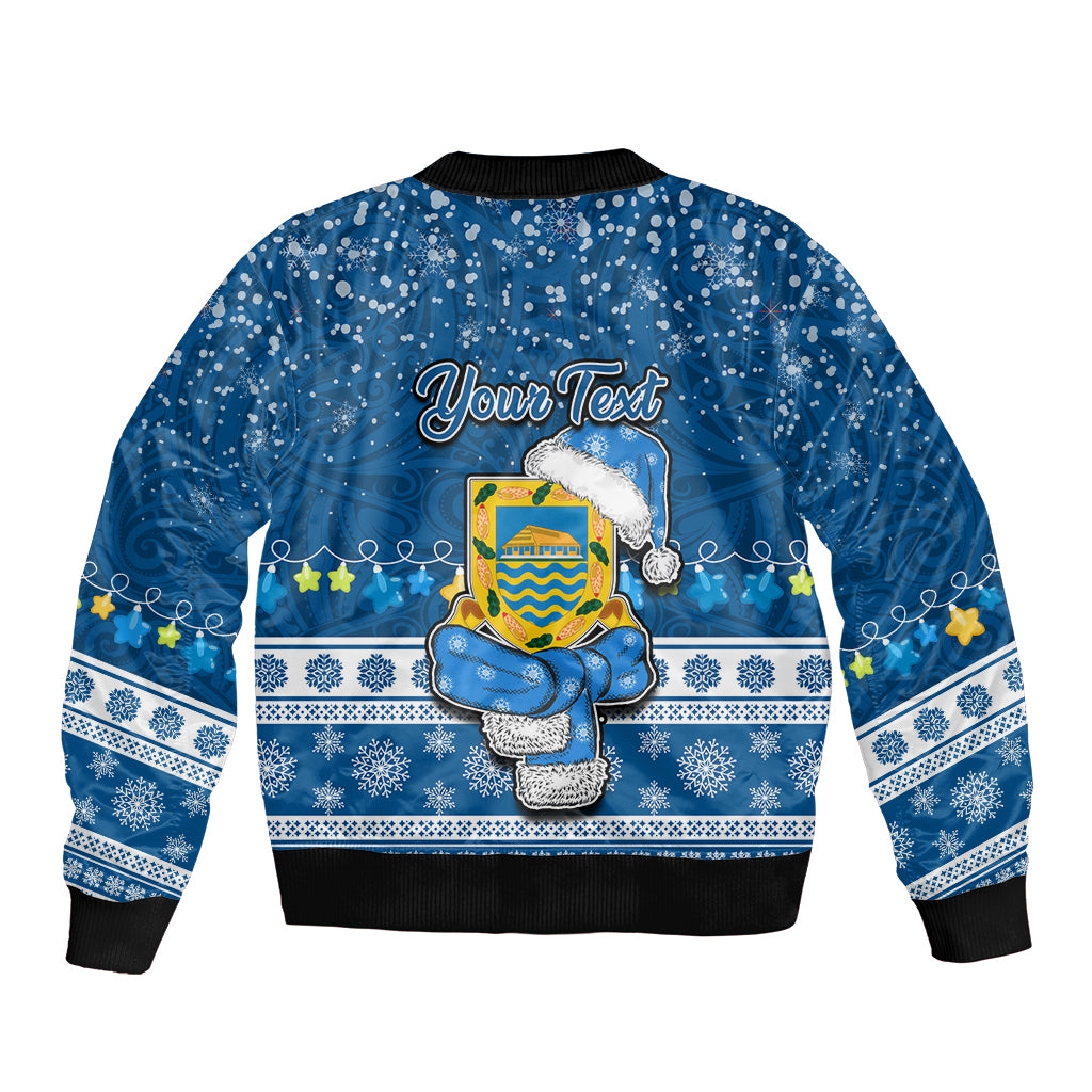 Personalised Tuvalu Christmas Sleeve Zip Bomber Jacket Snowman Hugs Tuvalu Coat of Arms Maori Pattern Blue Style LT03 - Polynesian Pride