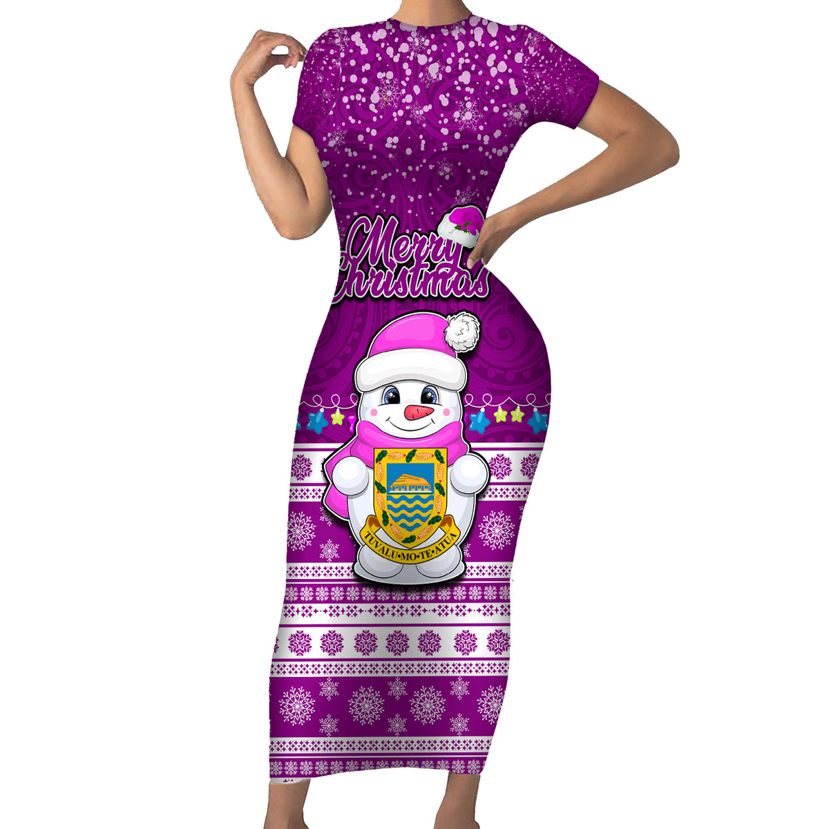 Tuvalu Christmas Family Matching Short Sleeve Bodycon Dress and Hawaiian Shirt Snowman Hugs Tuvalu Coat of Arms Maori Pattern Pink Style LT03 Mom's Dress Pink - Polynesian Pride
