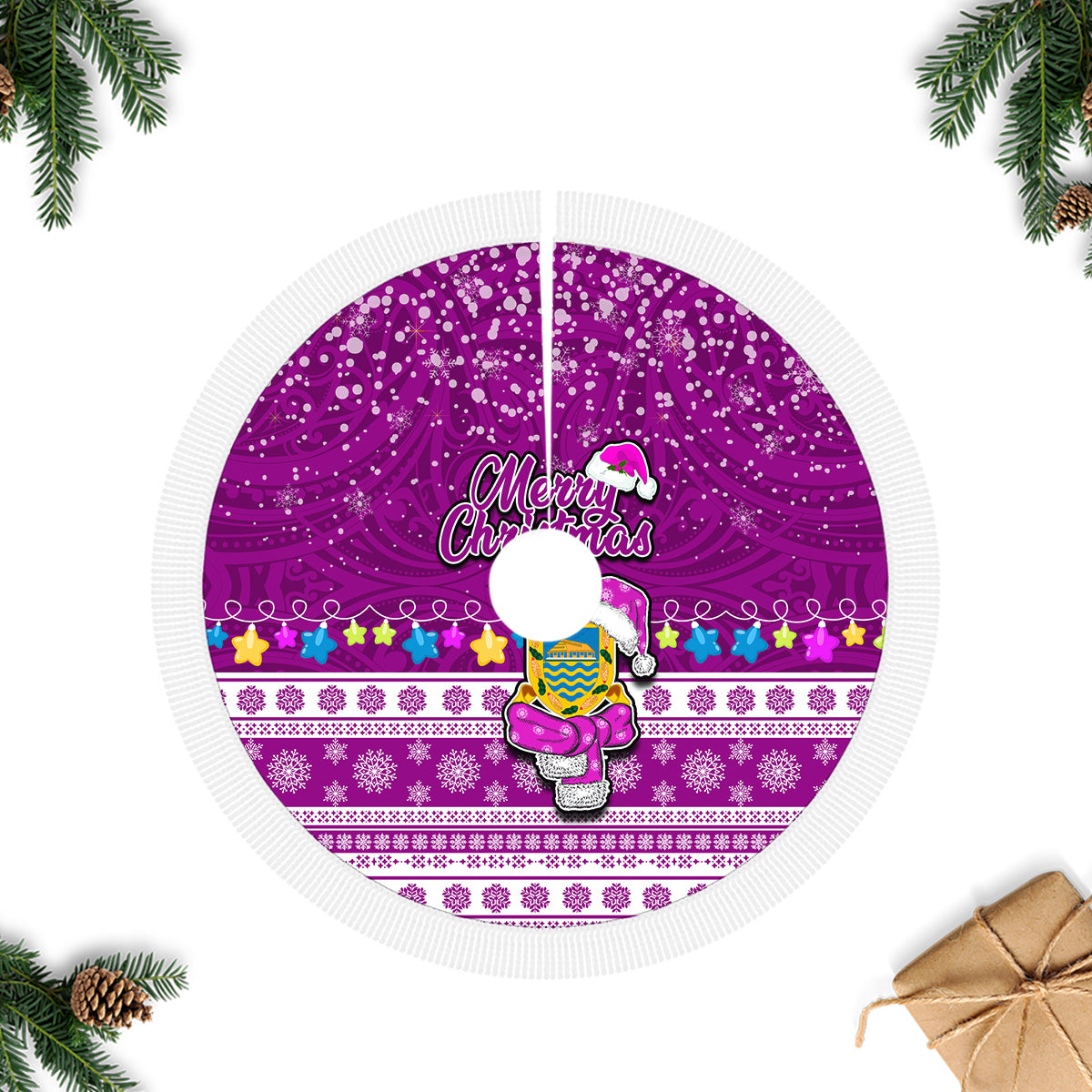 Tuvalu Christmas Tree Skirt Snowman Hugs Tuvalu Coat of Arms Maori Pattern Pink Style LT03 - Polynesian Pride