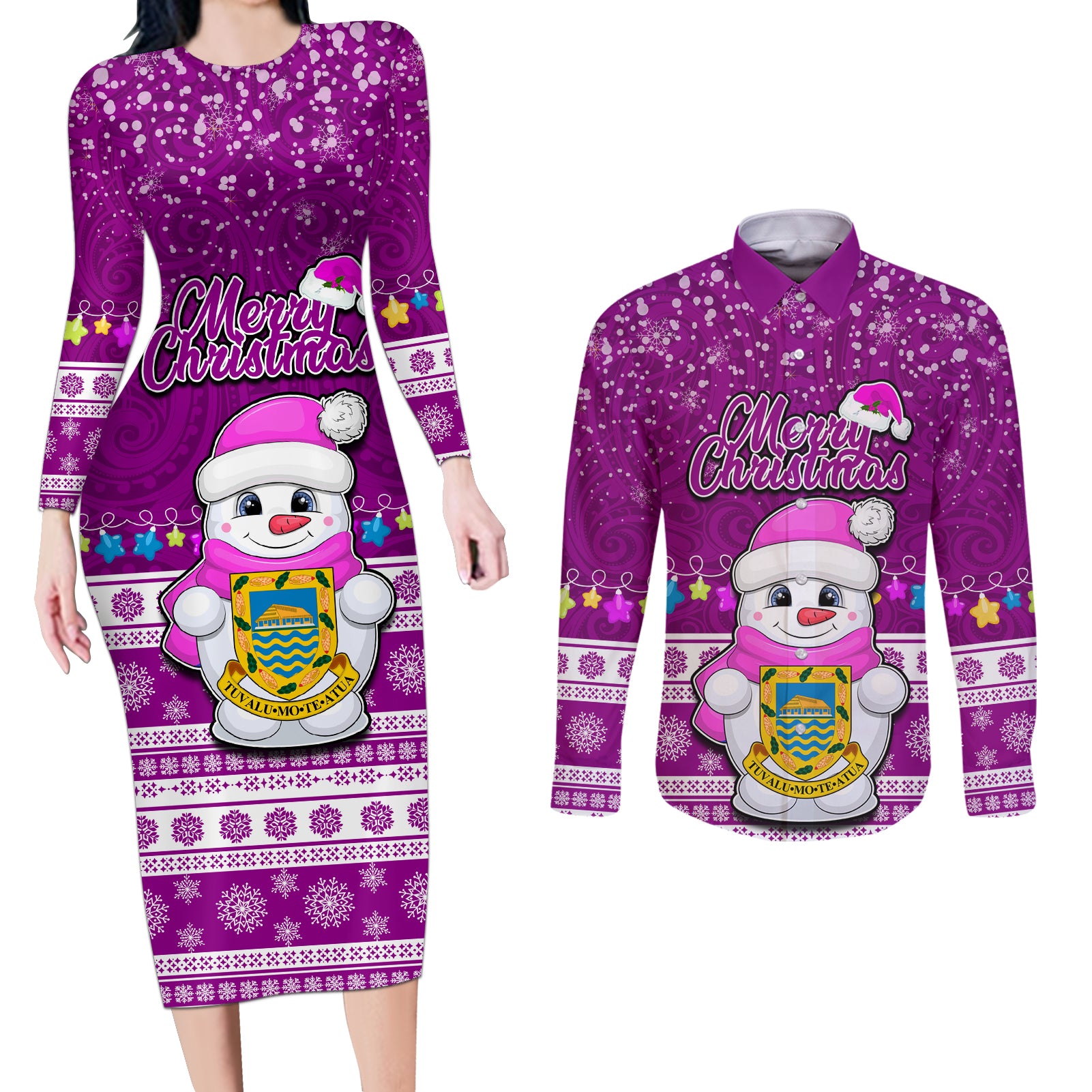 Personalised Tuvalu Christmas Couples Matching Long Sleeve Bodycon Dress and Long Sleeve Button Shirt Snowman Hugs Tuvalu Coat of Arms Maori Pattern Pink Style LT03 Pink - Polynesian Pride