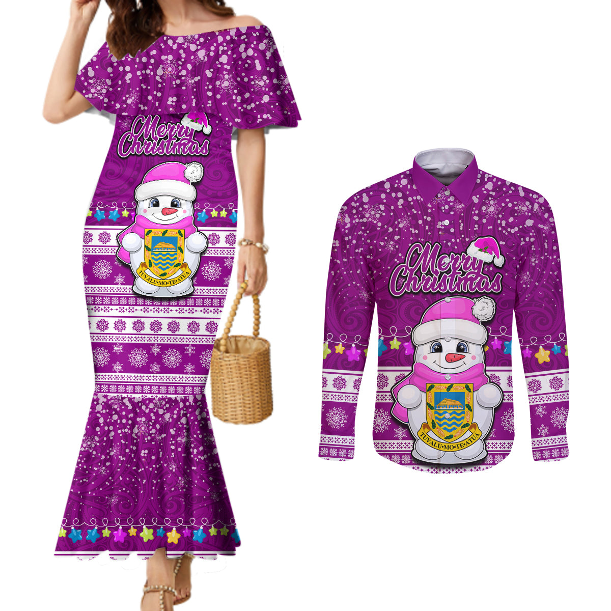 Personalised Tuvalu Christmas Couples Matching Mermaid Dress and Long Sleeve Button Shirt Snowman Hugs Tuvalu Coat of Arms Maori Pattern Pink Style LT03 Pink - Polynesian Pride