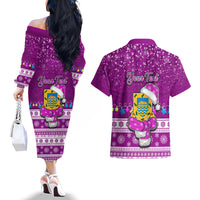 Personalised Tuvalu Christmas Couples Matching Off The Shoulder Long Sleeve Dress and Hawaiian Shirt Snowman Hugs Tuvalu Coat of Arms Maori Pattern Pink Style LT03 - Polynesian Pride