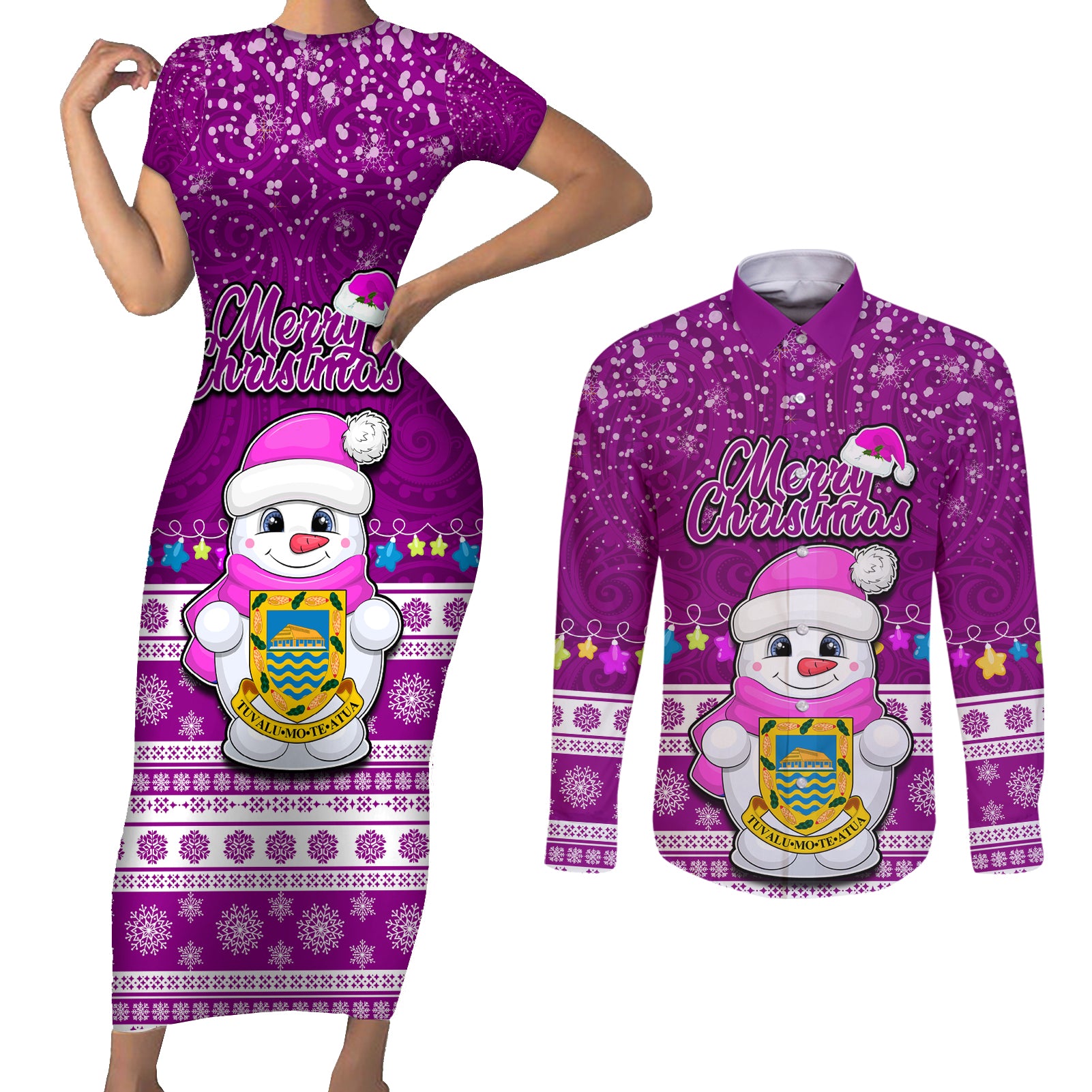 Personalised Tuvalu Christmas Couples Matching Short Sleeve Bodycon Dress and Long Sleeve Button Shirt Snowman Hugs Tuvalu Coat of Arms Maori Pattern Pink Style LT03 Pink - Polynesian Pride