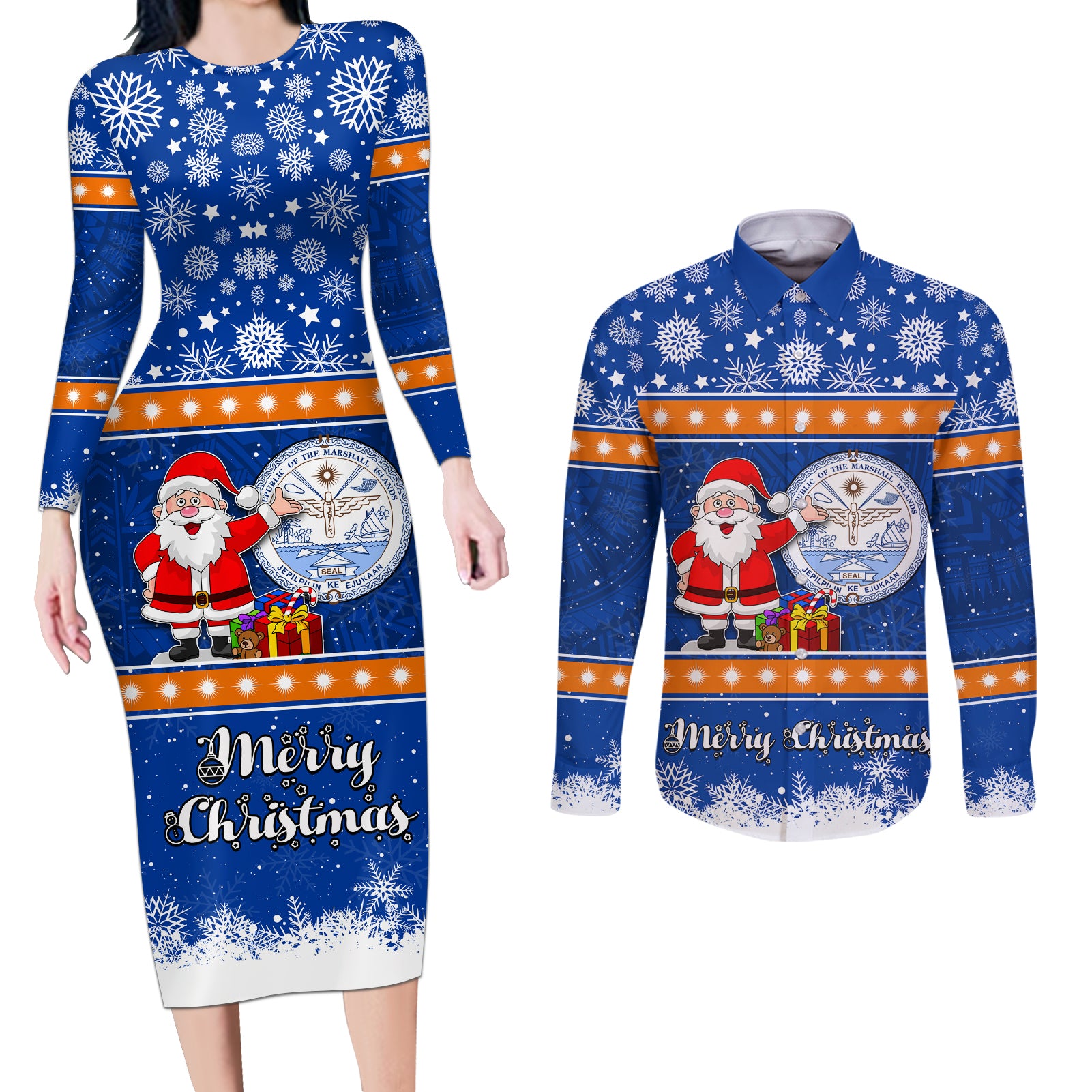 Marshall Islands Christmas Couples Matching Long Sleeve Bodycon Dress and Long Sleeve Button Shirt Santa Claus and Coat of Arms Mix Polynesian Xmas Style LT03 Blue - Polynesian Pride