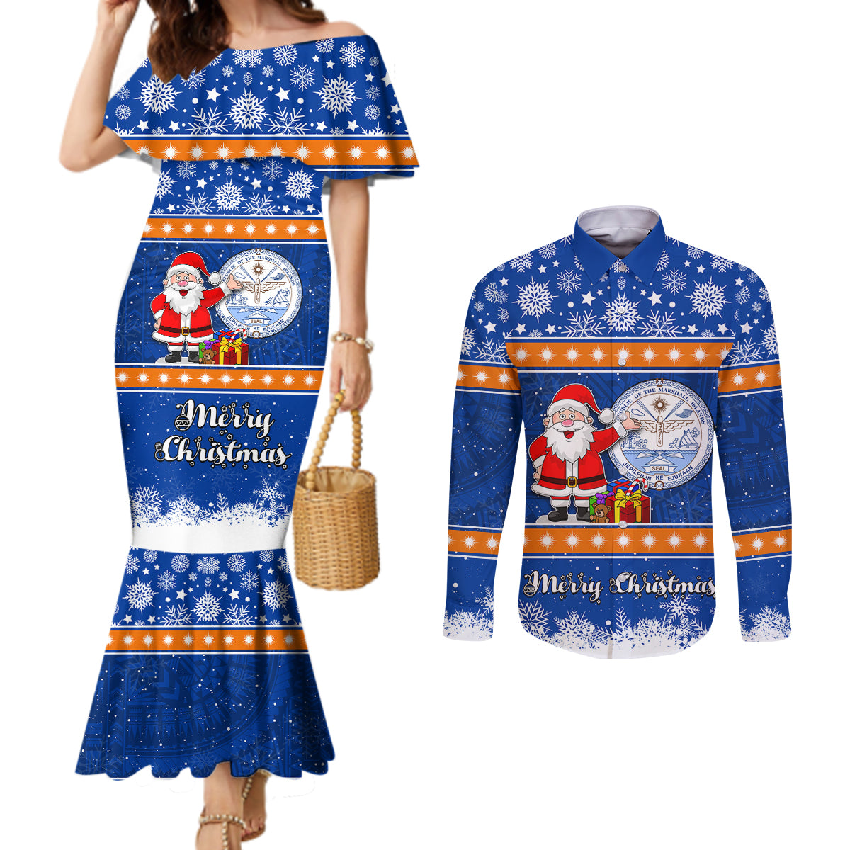 Marshall Islands Christmas Couples Matching Mermaid Dress and Long Sleeve Button Shirt Santa Claus and Coat of Arms Mix Polynesian Xmas Style LT03 Blue - Polynesian Pride