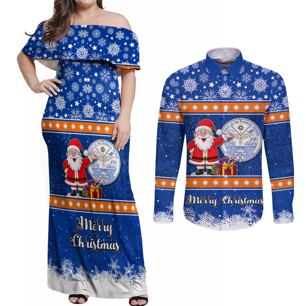Marshall Islands Christmas Couples Matching Off Shoulder Maxi Dress and Long Sleeve Button Shirt Santa Claus and Coat of Arms Mix Polynesian Xmas Style LT03 Blue - Polynesian Pride