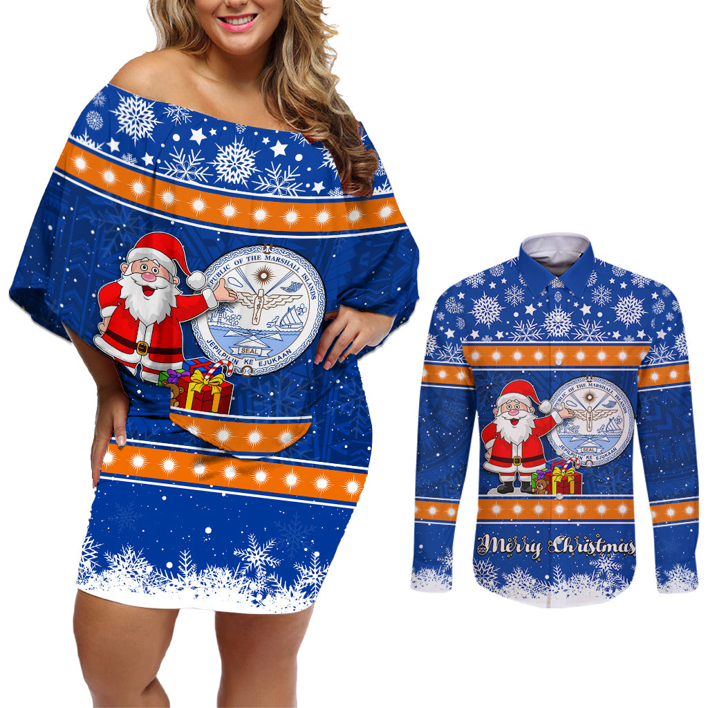 Marshall Islands Christmas Couples Matching Off Shoulder Short Dress and Long Sleeve Button Shirt Santa Claus and Coat of Arms Mix Polynesian Xmas Style LT03 Blue - Polynesian Pride