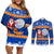 Marshall Islands Christmas Couples Matching Off Shoulder Short Dress and Long Sleeve Button Shirt Santa Claus and Coat of Arms Mix Polynesian Xmas Style LT03 Blue - Polynesian Pride