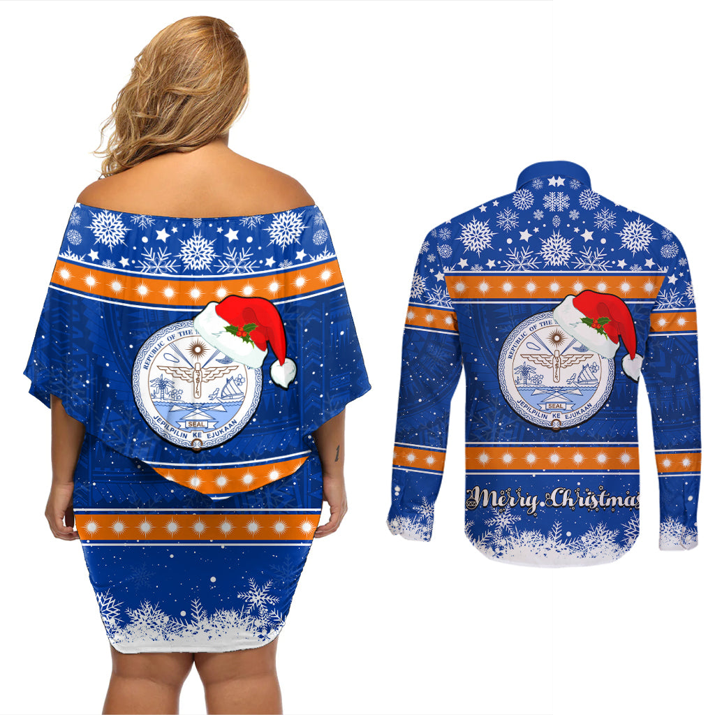 Marshall Islands Christmas Couples Matching Off Shoulder Short Dress and Long Sleeve Button Shirt Santa Claus and Coat of Arms Mix Polynesian Xmas Style LT03 - Polynesian Pride