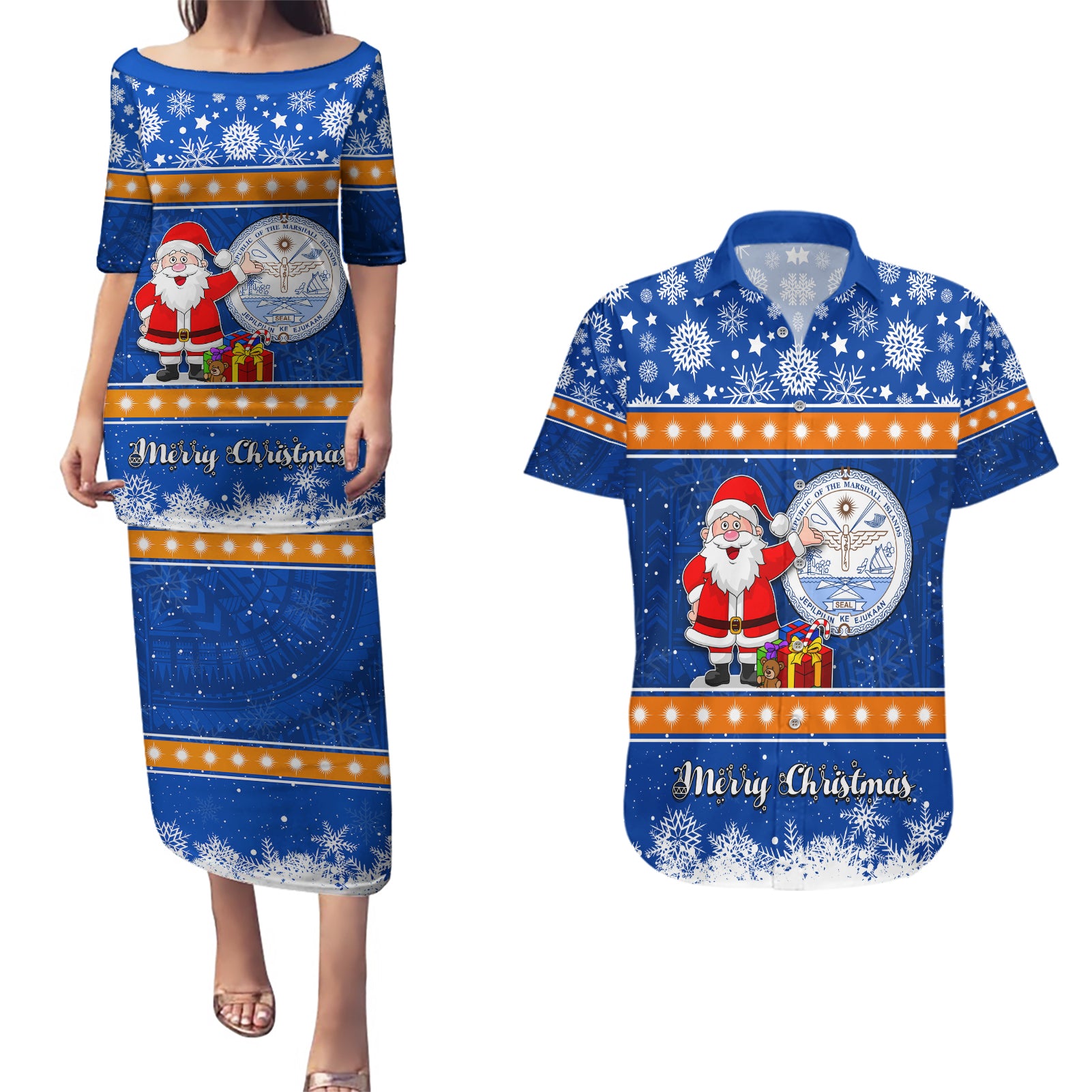Marshall Islands Christmas Couples Matching Puletasi Dress and Hawaiian Shirt Santa Claus and Coat of Arms Mix Polynesian Xmas Style LT03 Blue - Polynesian Pride