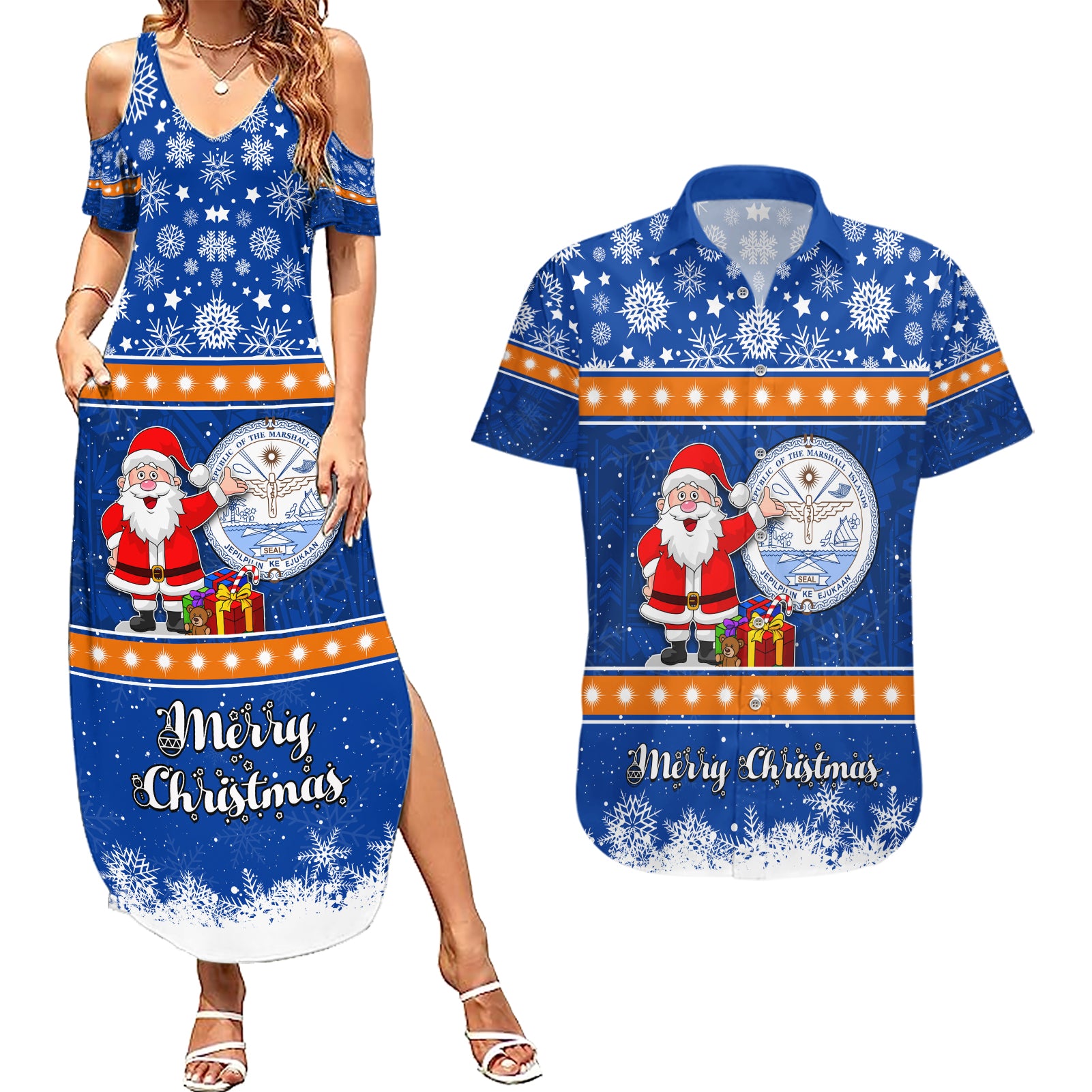 Marshall Islands Christmas Couples Matching Summer Maxi Dress and Hawaiian Shirt Santa Claus and Coat of Arms Mix Polynesian Xmas Style LT03 Blue - Polynesian Pride