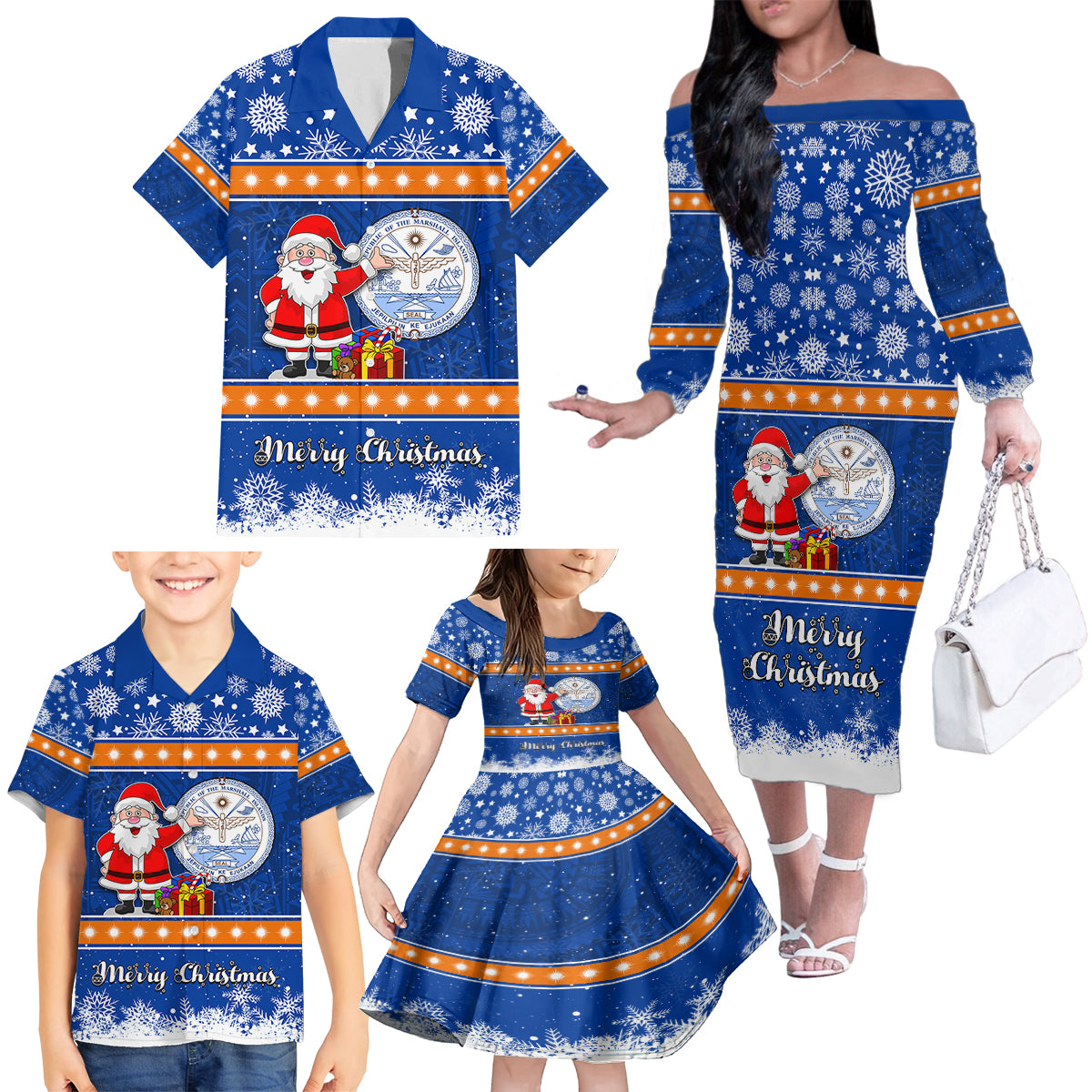 Marshall Islands Christmas Family Matching Off Shoulder Long Sleeve Dress and Hawaiian Shirt Santa Claus and Coat of Arms Mix Polynesian Xmas Style LT03 - Polynesian Pride