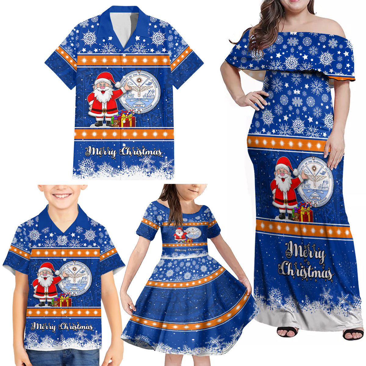 Marshall Islands Christmas Family Matching Off Shoulder Maxi Dress and Hawaiian Shirt Santa Claus and Coat of Arms Mix Polynesian Xmas Style LT03 - Polynesian Pride