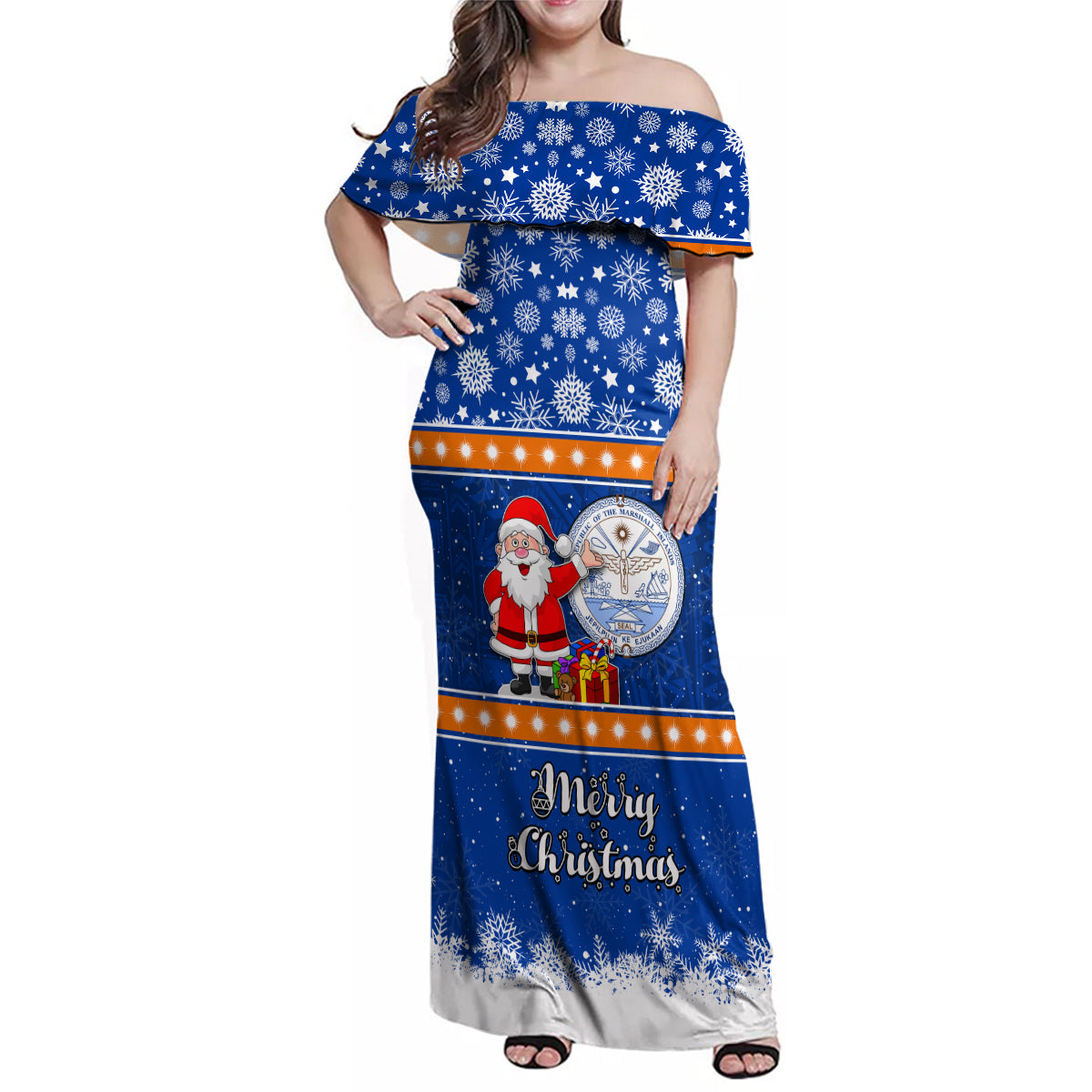 Marshall Islands Christmas Family Matching Off Shoulder Maxi Dress and Hawaiian Shirt Santa Claus and Coat of Arms Mix Polynesian Xmas Style LT03 Mom's Dress Blue - Polynesian Pride