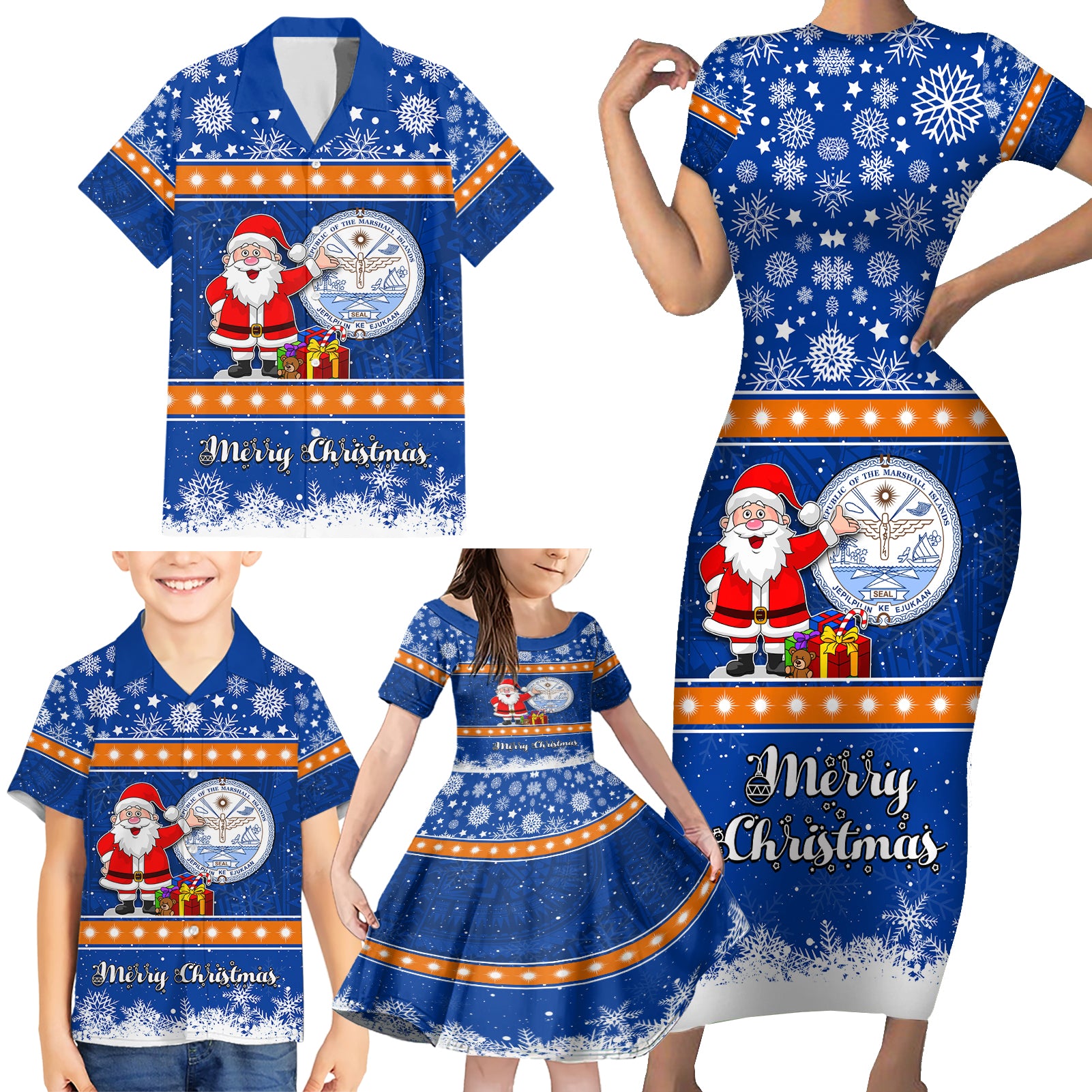 Marshall Islands Christmas Family Matching Short Sleeve Bodycon Dress and Hawaiian Shirt Santa Claus and Coat of Arms Mix Polynesian Xmas Style LT03 - Polynesian Pride