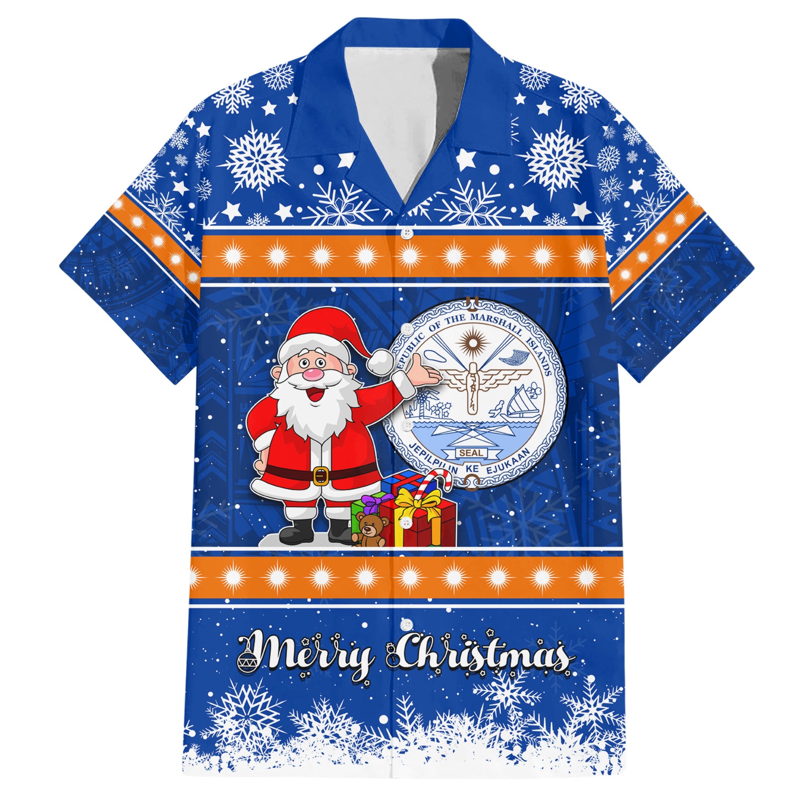 Marshall Islands Christmas Hawaiian Shirt Santa Claus and Coat of Arms Mix Polynesian Xmas Style LT03 Blue - Polynesian Pride