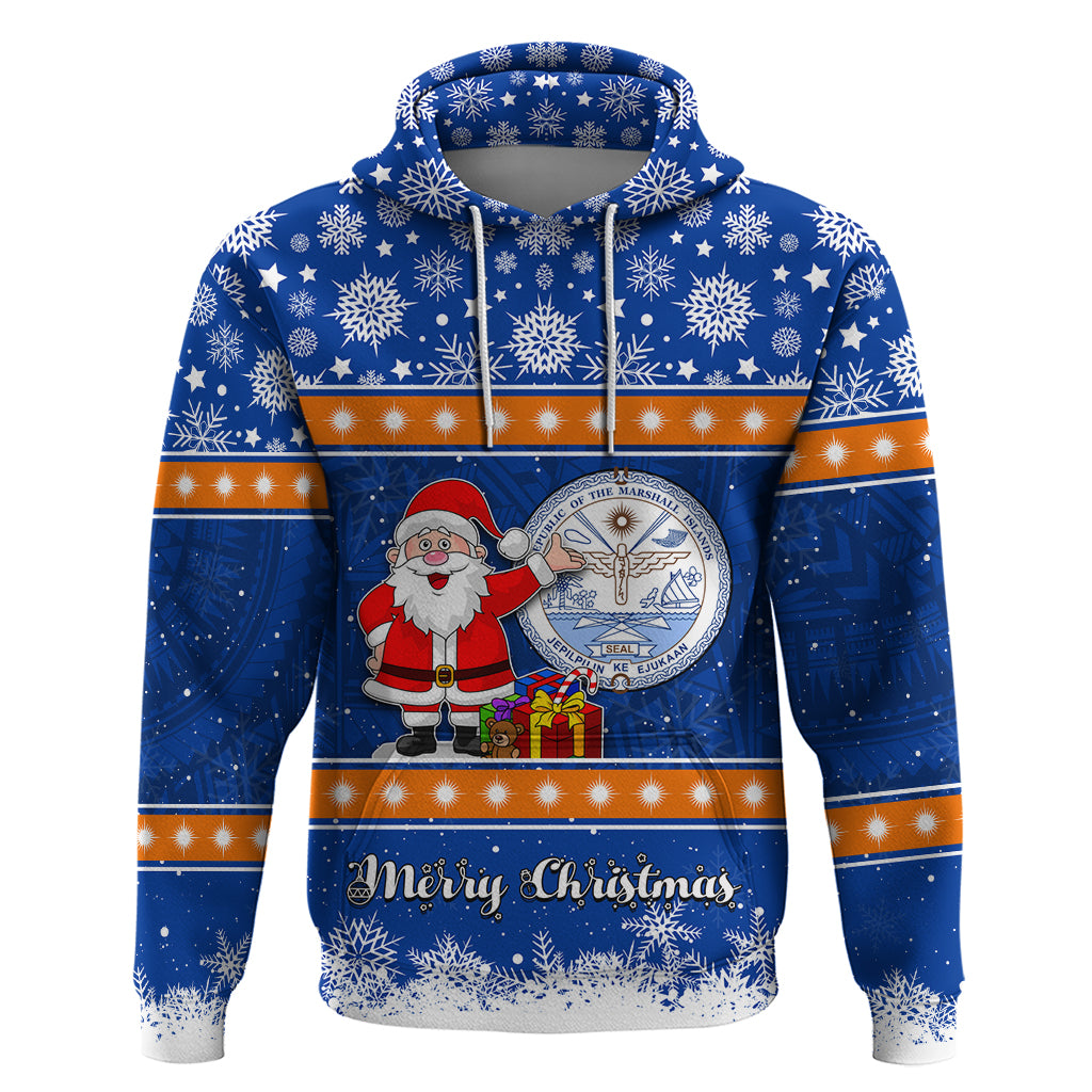 Marshall Islands Christmas Hoodie Santa Claus and Coat of Arms Mix Polynesian Xmas Style LT03 Blue - Polynesian Pride