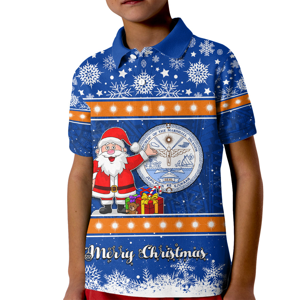 Marshall Islands Christmas Kid Polo Shirt Santa Claus and Coat of Arms Mix Polynesian Xmas Style LT03 Kid Blue - Polynesian Pride