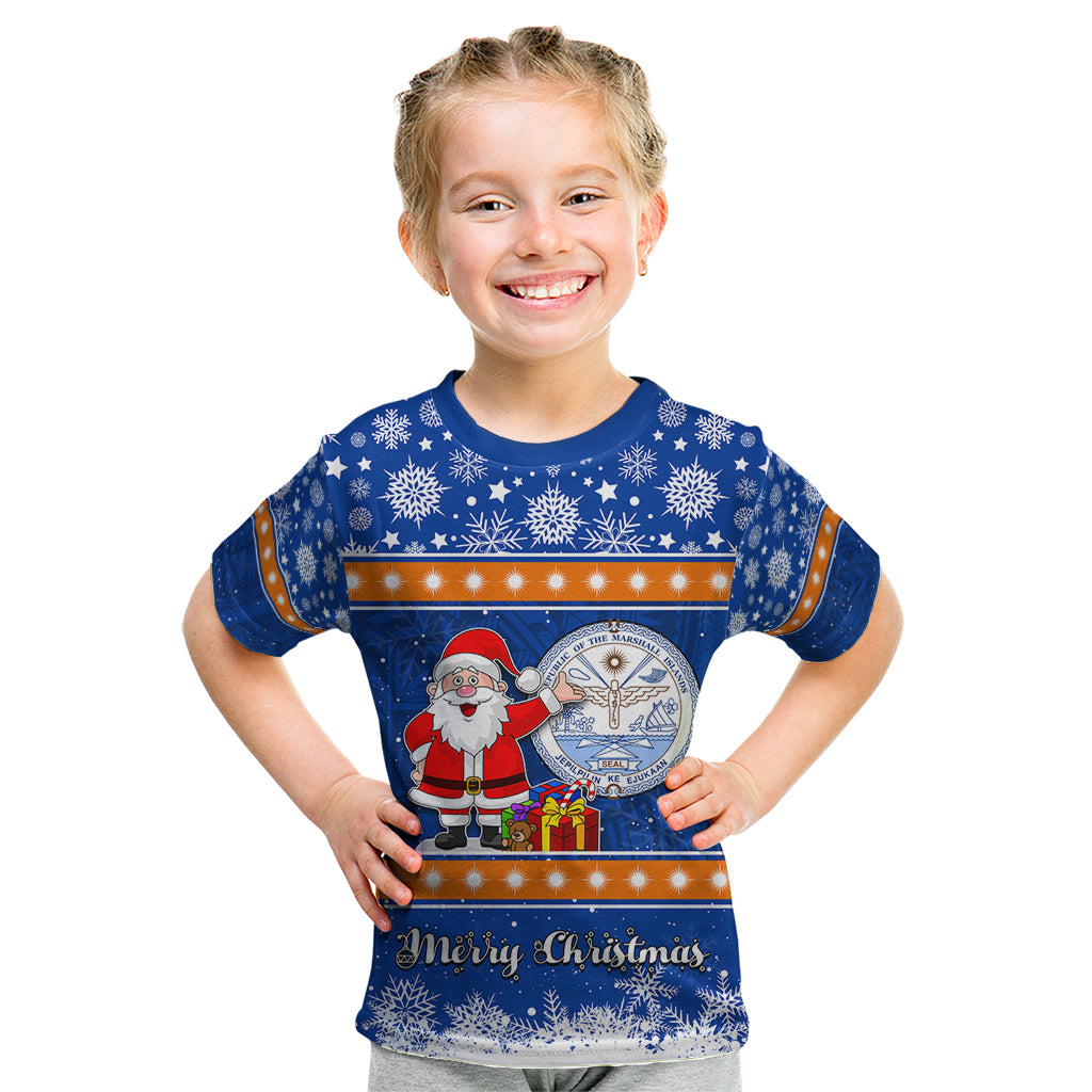 Marshall Islands Christmas Kid T Shirt Santa Claus and Coat of Arms Mix Polynesian Xmas Style LT03 Blue - Polynesian Pride