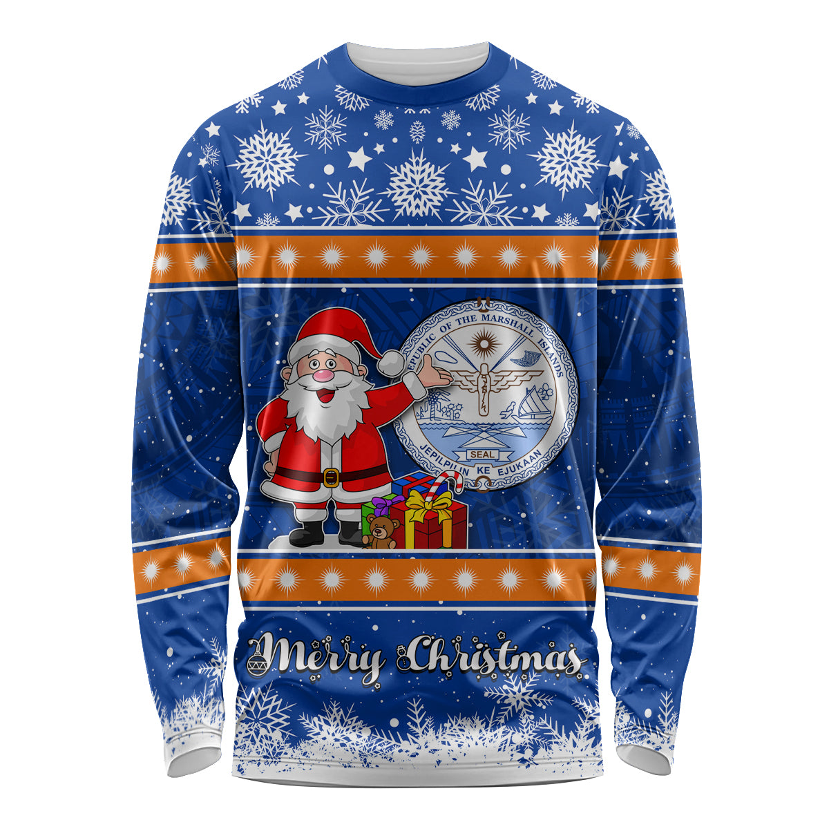 Marshall Islands Christmas Long Sleeve Shirt Santa Claus and Coat of Arms Mix Polynesian Xmas Style LT03 Unisex Blue - Polynesian Pride