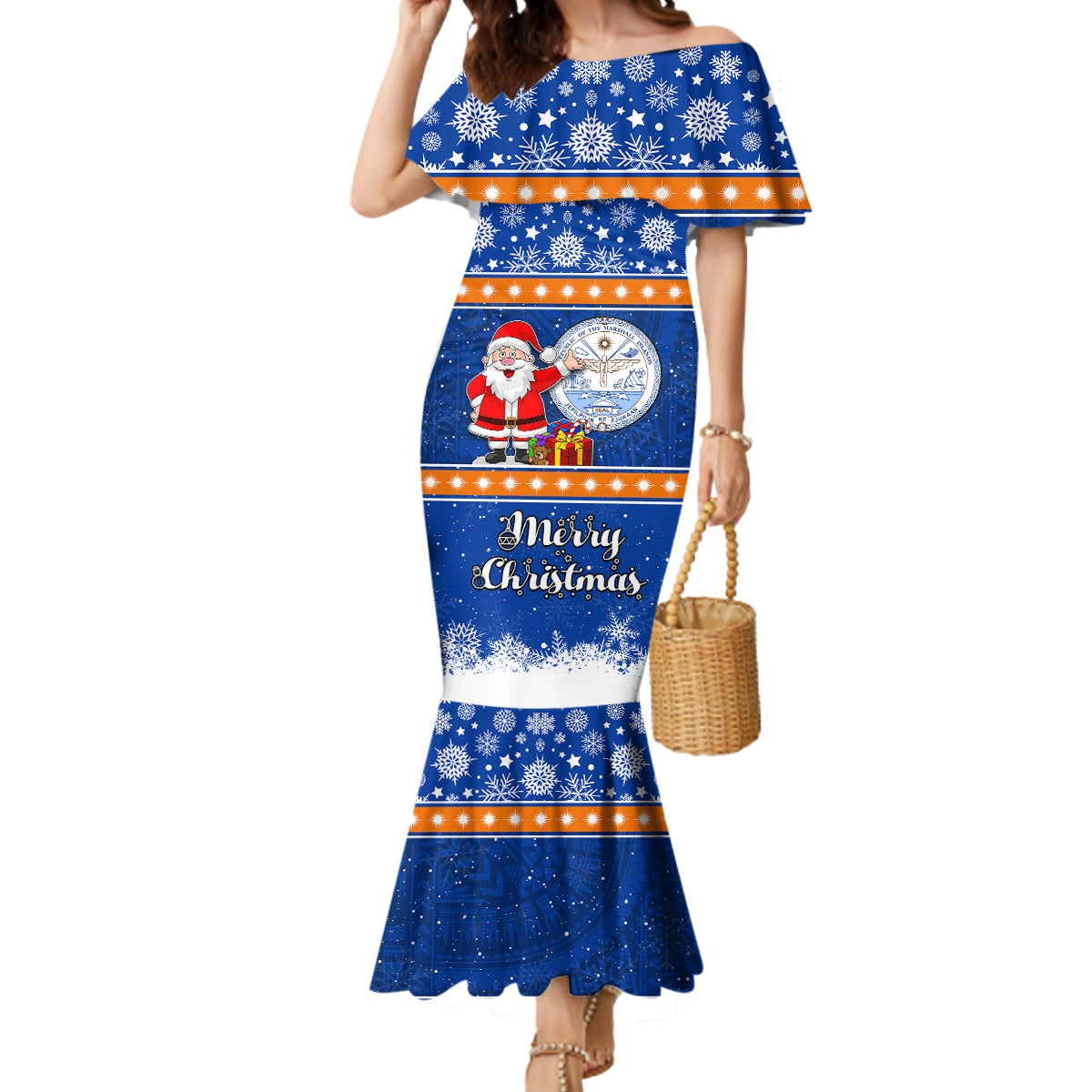 Marshall Islands Christmas Mermaid Dress Santa Claus and Coat of Arms Mix Polynesian Xmas Style LT03 Women Blue - Polynesian Pride