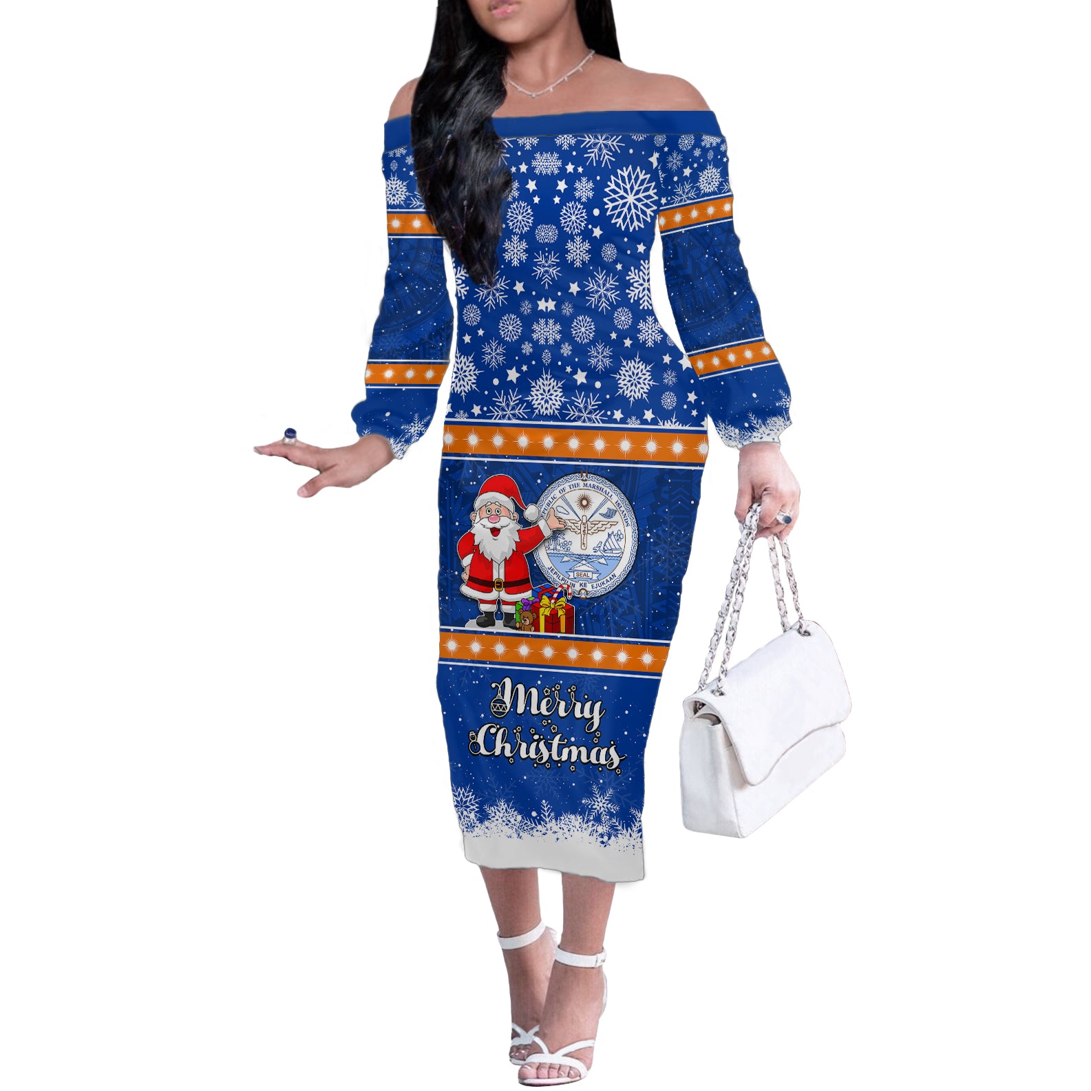 Marshall Islands Christmas Off The Shoulder Long Sleeve Dress Santa Claus and Coat of Arms Mix Polynesian Xmas Style LT03 Women Blue - Polynesian Pride