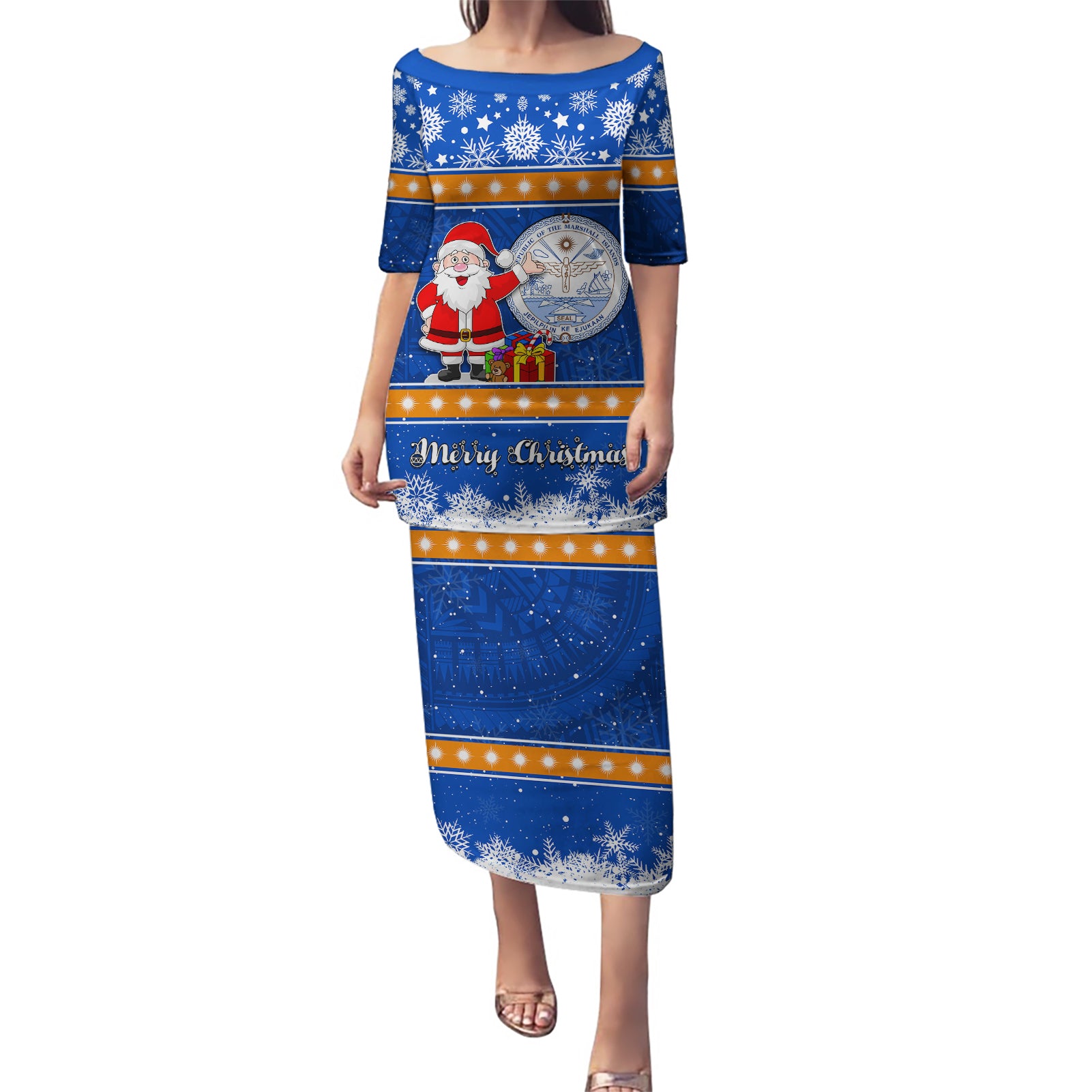 Marshall Islands Christmas Puletasi Santa Claus and Coat of Arms Mix Polynesian Xmas Style LT03 Long Dress Blue - Polynesian Pride