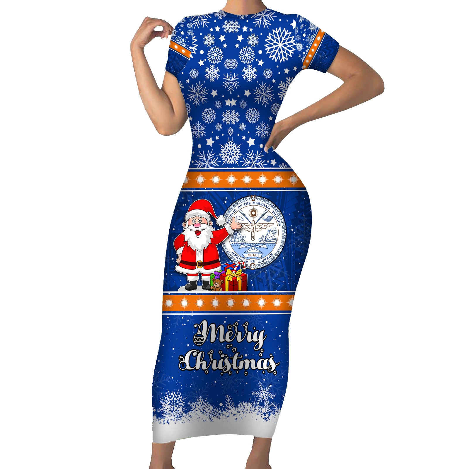 Marshall Islands Christmas Short Sleeve Bodycon Dress Santa Claus and Coat of Arms Mix Polynesian Xmas Style LT03 Long Dress Blue - Polynesian Pride