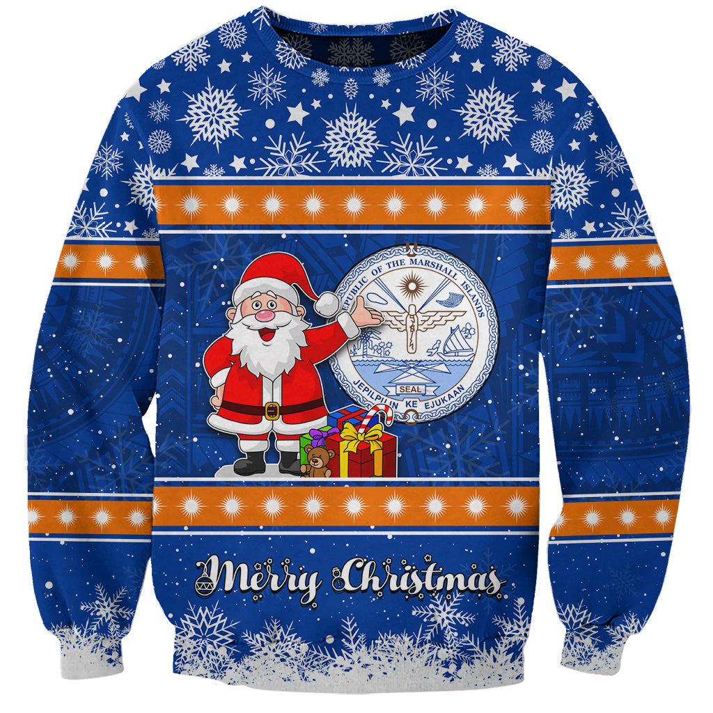 Marshall Islands Christmas Sweatshirt Santa Claus and Coat of Arms Mix Polynesian Xmas Style LT03 Unisex Blue - Polynesian Pride