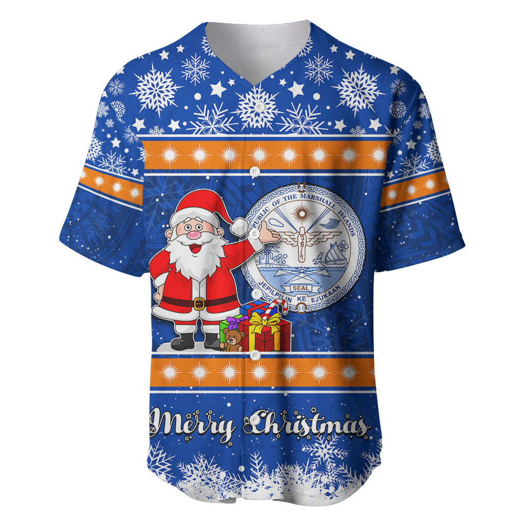 Personalised Marshall Islands Christmas Baseball Jersey Santa Claus and Coat of Arms Mix Polynesian Xmas Style LT03 Blue - Polynesian Pride