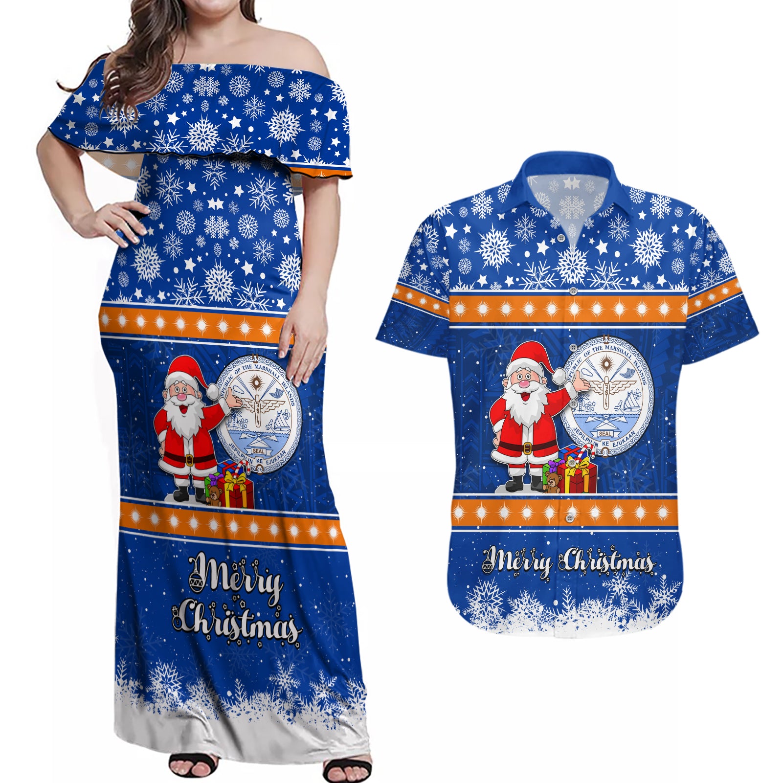 Personalised Marshall Islands Christmas Couples Matching Off Shoulder Maxi Dress and Hawaiian Shirt Santa Claus and Coat of Arms Mix Polynesian Xmas Style LT03 Blue - Polynesian Pride