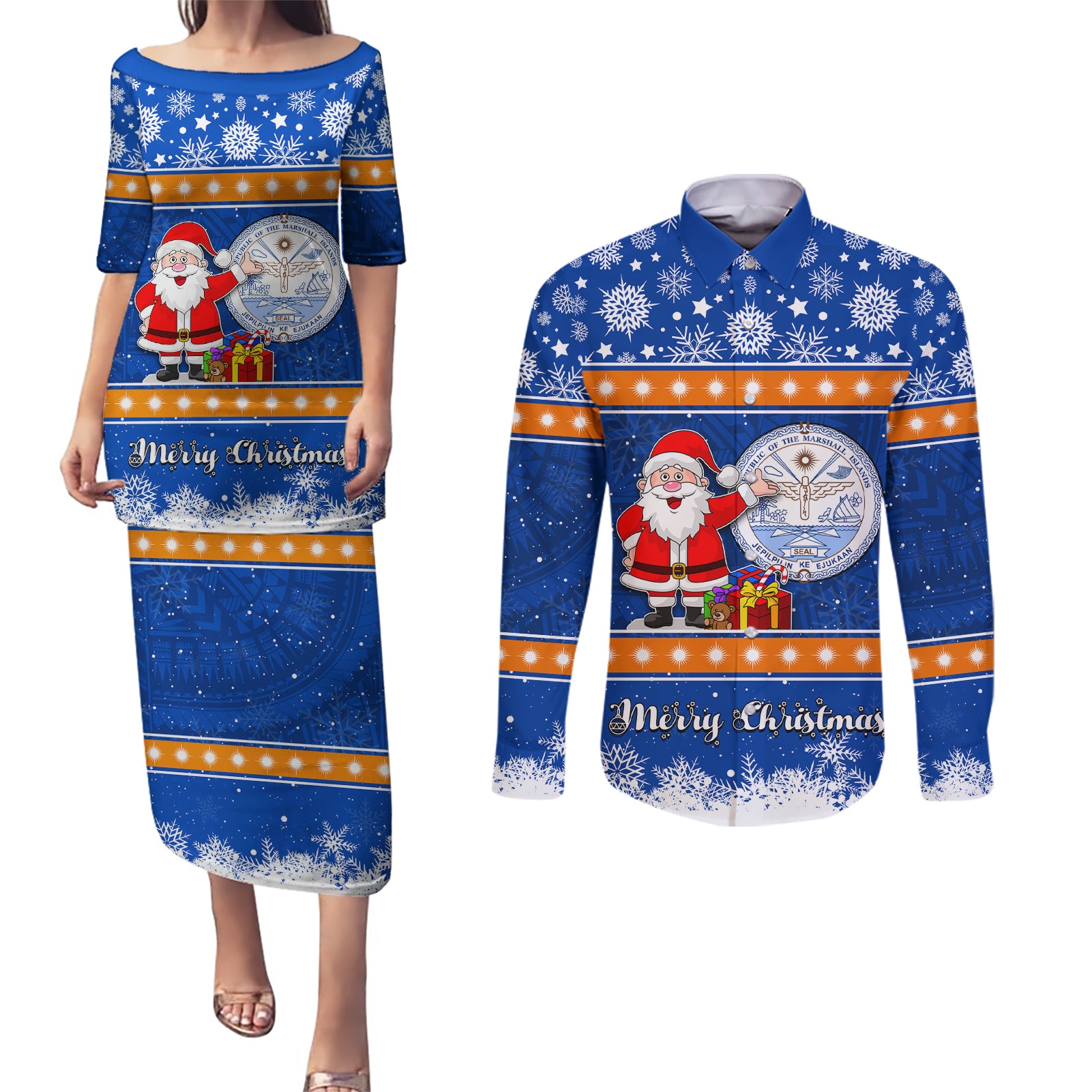 Personalised Marshall Islands Christmas Couples Matching Puletasi Dress and Long Sleeve Button Shirt Santa Claus and Coat of Arms Mix Polynesian Xmas Style LT03 Blue - Polynesian Pride
