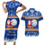 Personalised Marshall Islands Christmas Couples Matching Short Sleeve Bodycon Dress and Hawaiian Shirt Santa Claus and Coat of Arms Mix Polynesian Xmas Style LT03 Blue - Polynesian Pride