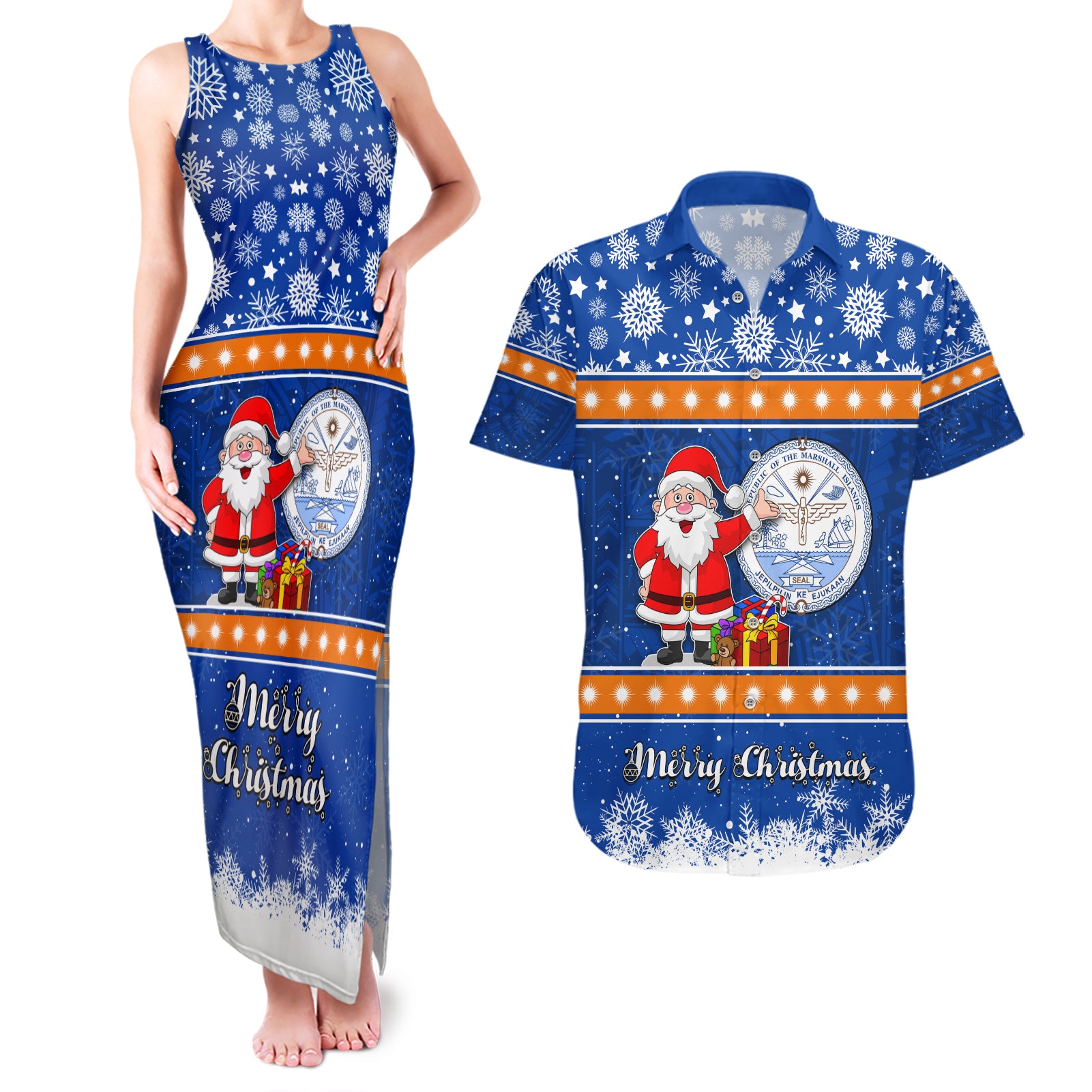 Personalised Marshall Islands Christmas Couples Matching Tank Maxi Dress and Hawaiian Shirt Santa Claus and Coat of Arms Mix Polynesian Xmas Style LT03 Blue - Polynesian Pride